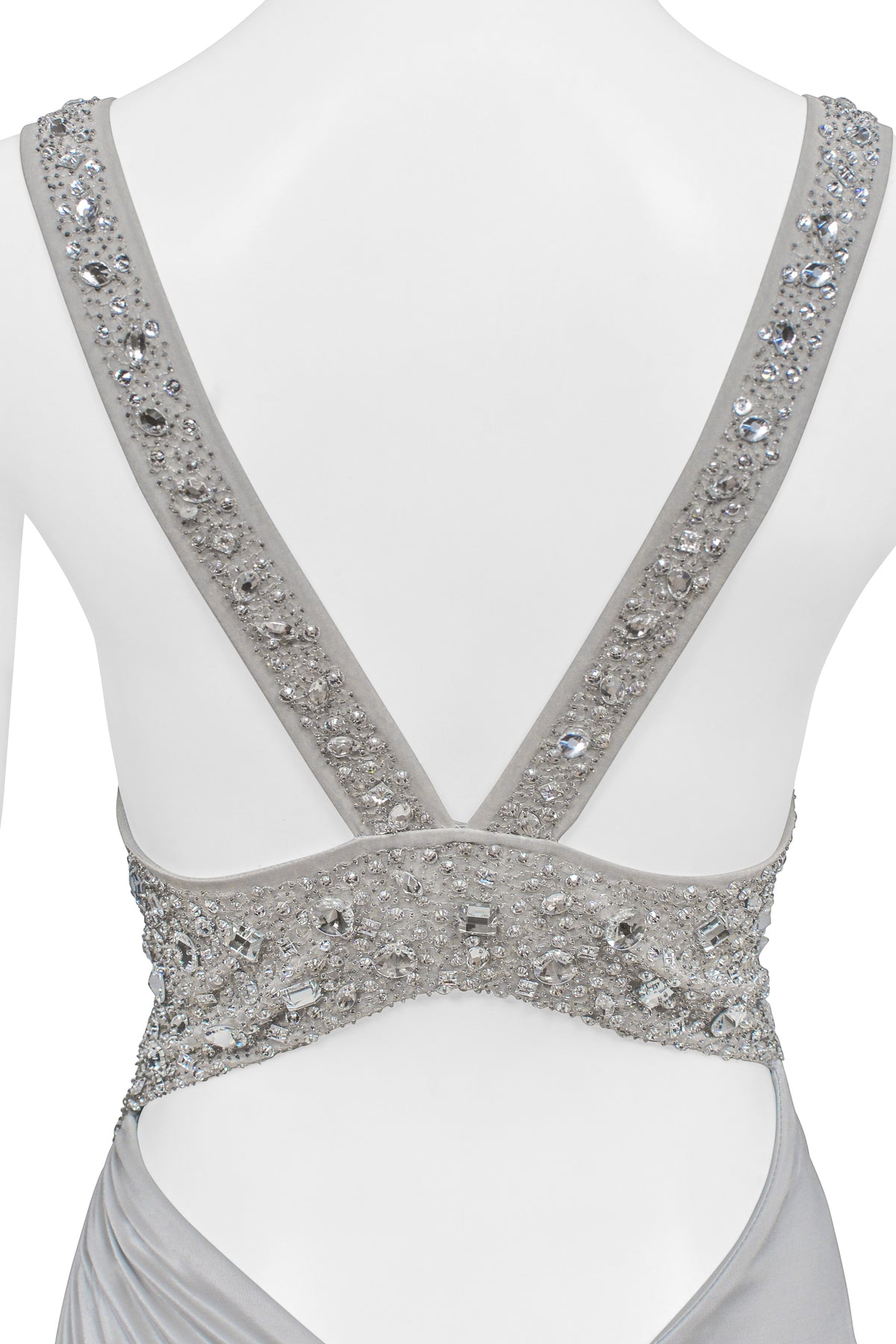 VERSACE SILVER GOWN WITH RHINESTONE BEADING AT STRAPS 2006