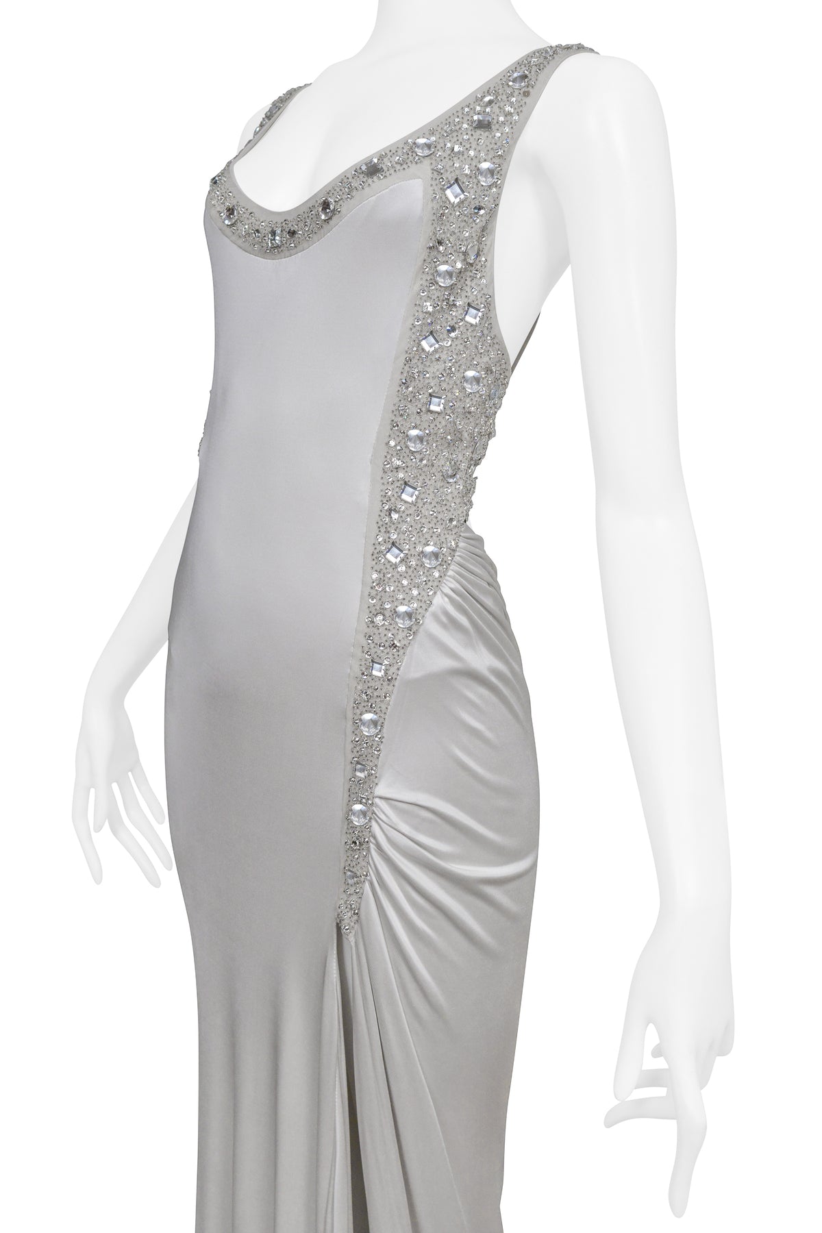 VERSACE SILVER GOWN WITH RHINESTONE BEADING AT STRAPS 2006