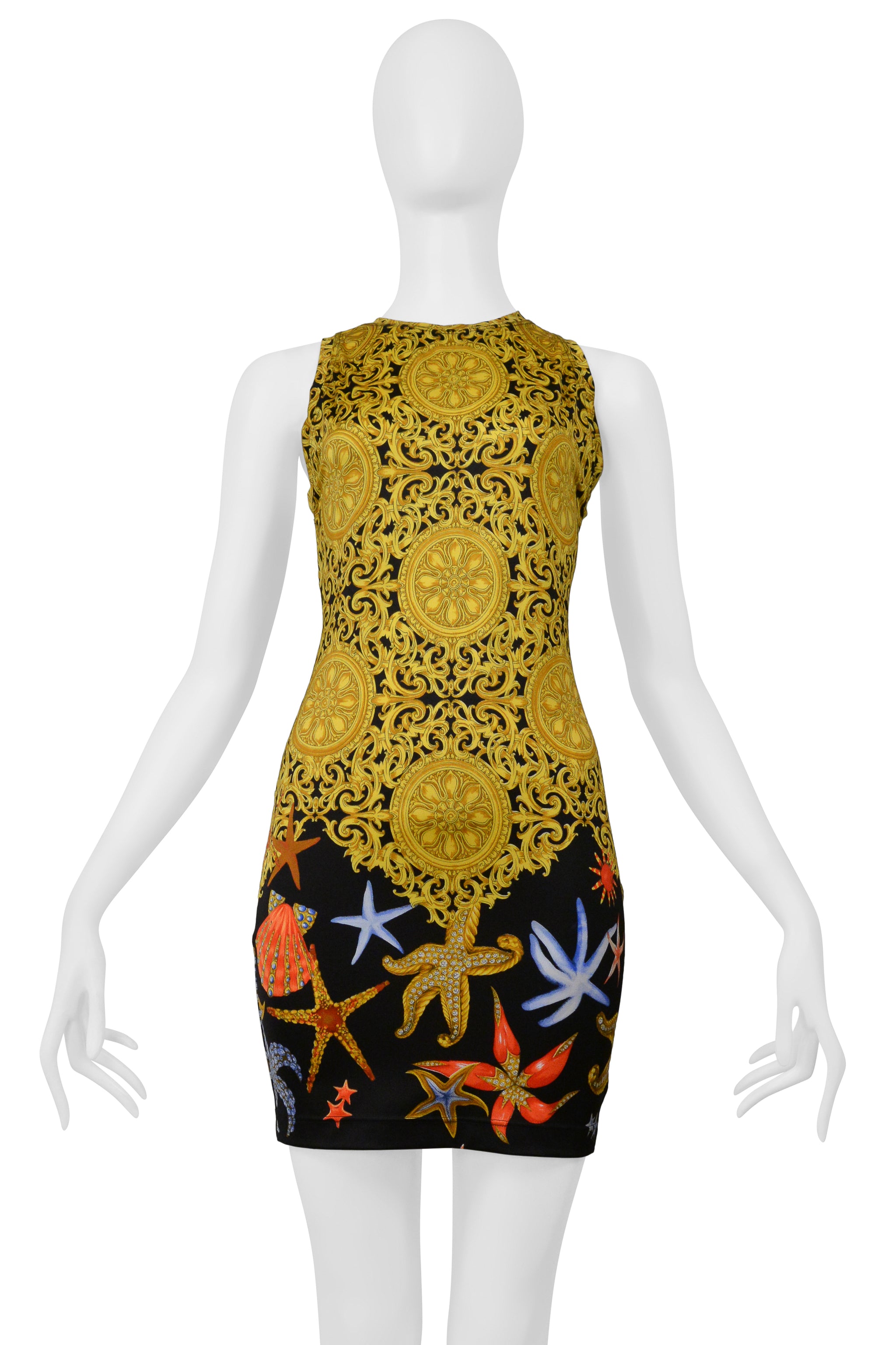 VERSACE GOLD BAROQUE & SEASHELL PRINT MINI DRESS