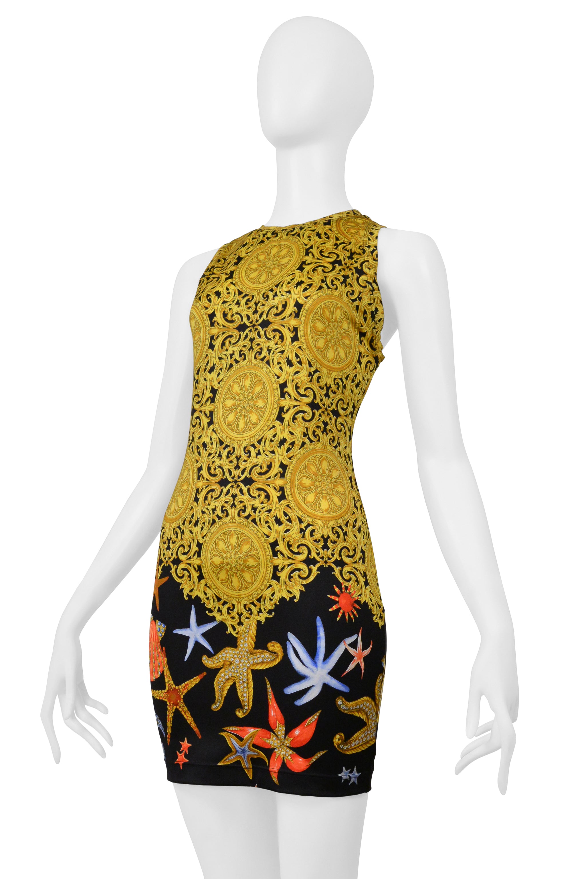 VERSACE GOLD BAROQUE & SEASHELL PRINT MINI DRESS