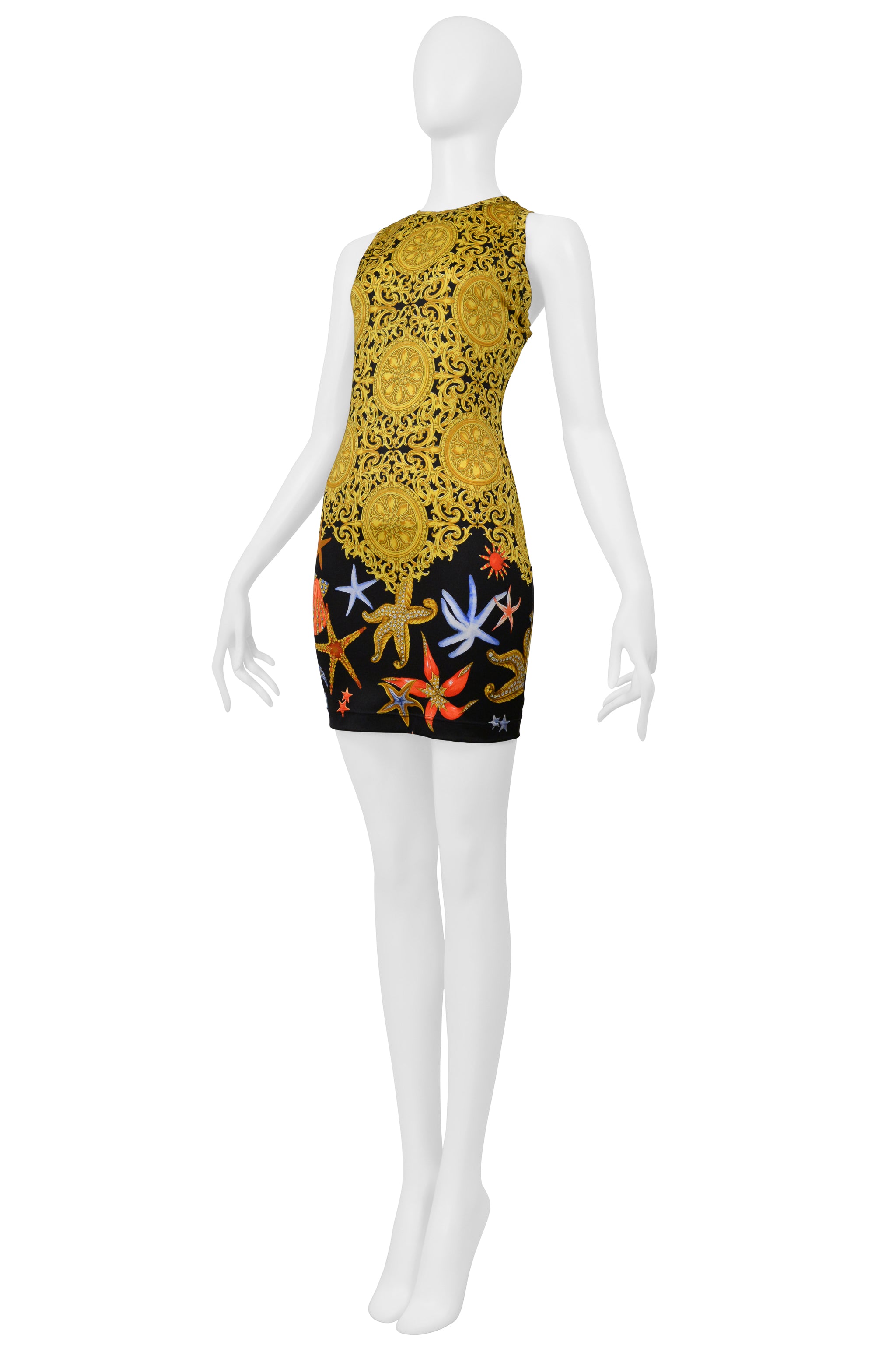 VERSACE GOLD BAROQUE & SEASHELL PRINT MINI DRESS