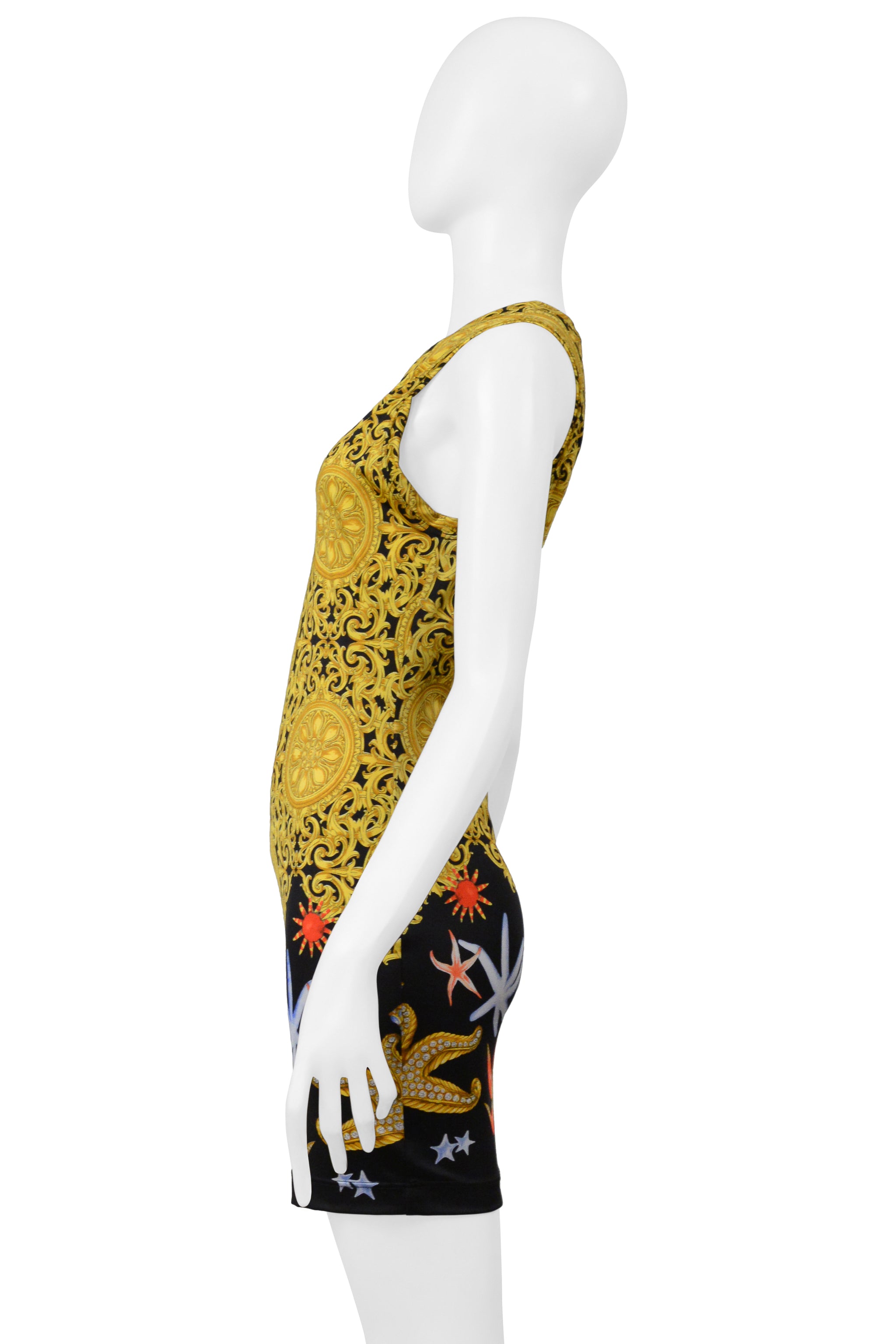 VERSACE GOLD BAROQUE & SEASHELL PRINT MINI DRESS
