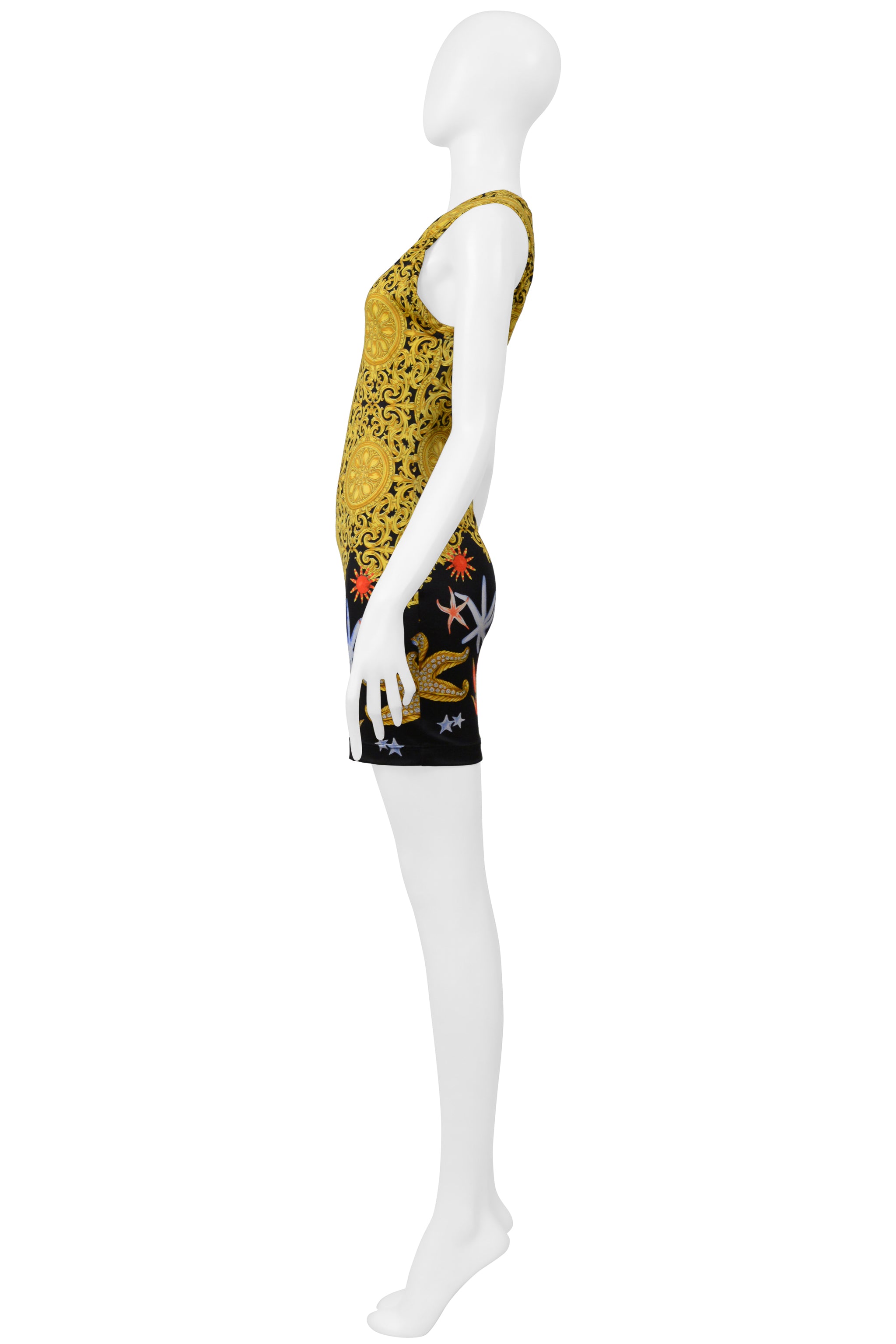VERSACE GOLD BAROQUE & SEASHELL PRINT MINI DRESS