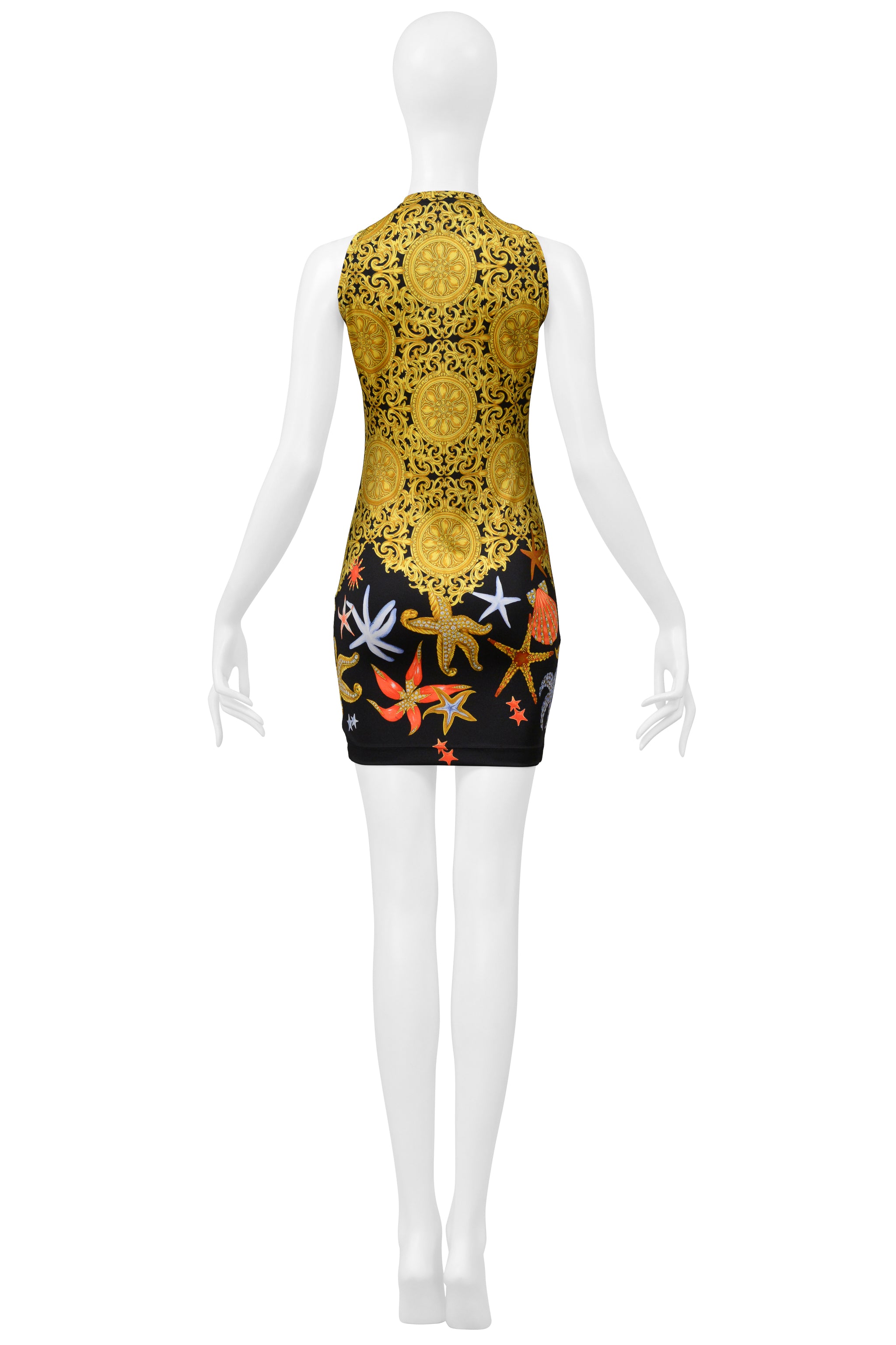 VERSACE GOLD BAROQUE & SEASHELL PRINT MINI DRESS