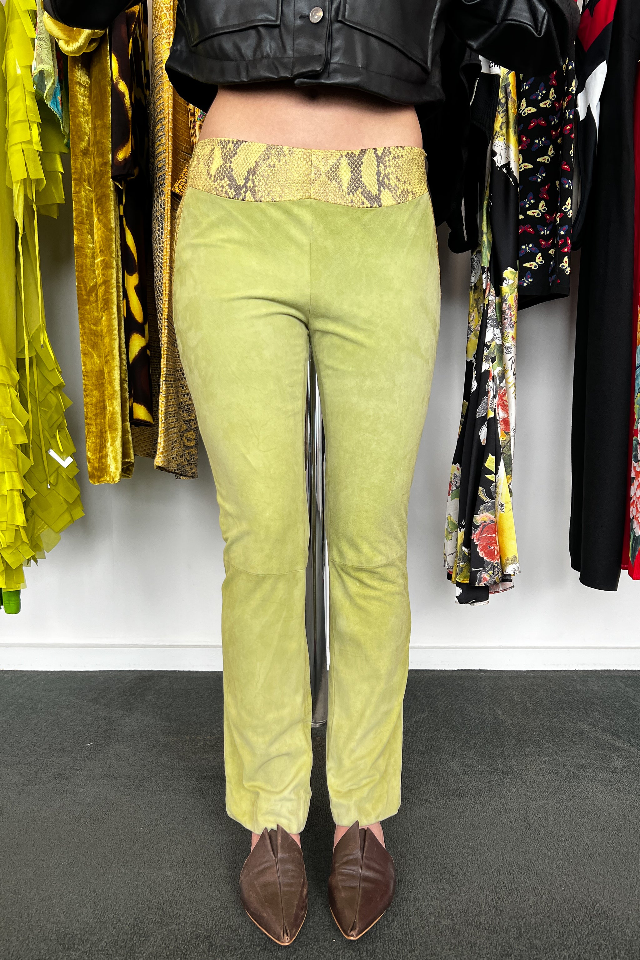 VERSACE GREEN SUEDE & LEATHER PANTS