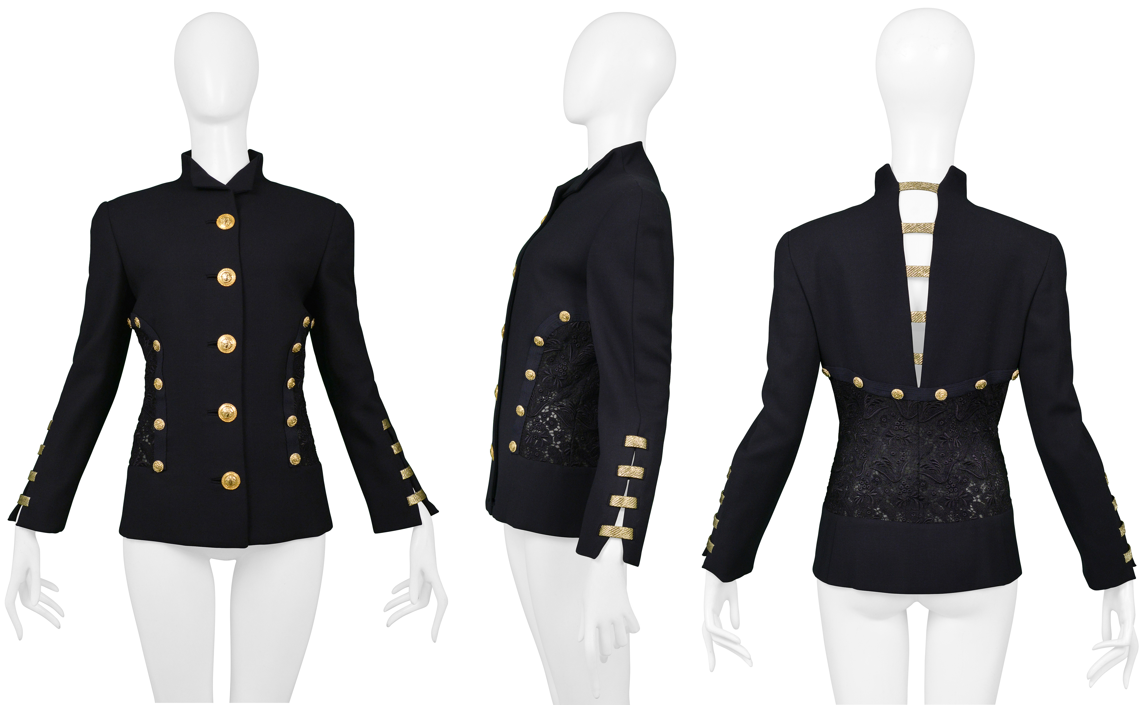 VERSACE NAVY BLAZER JACKET WITH LACE BACK & GOLD BUTTONS SS 1992