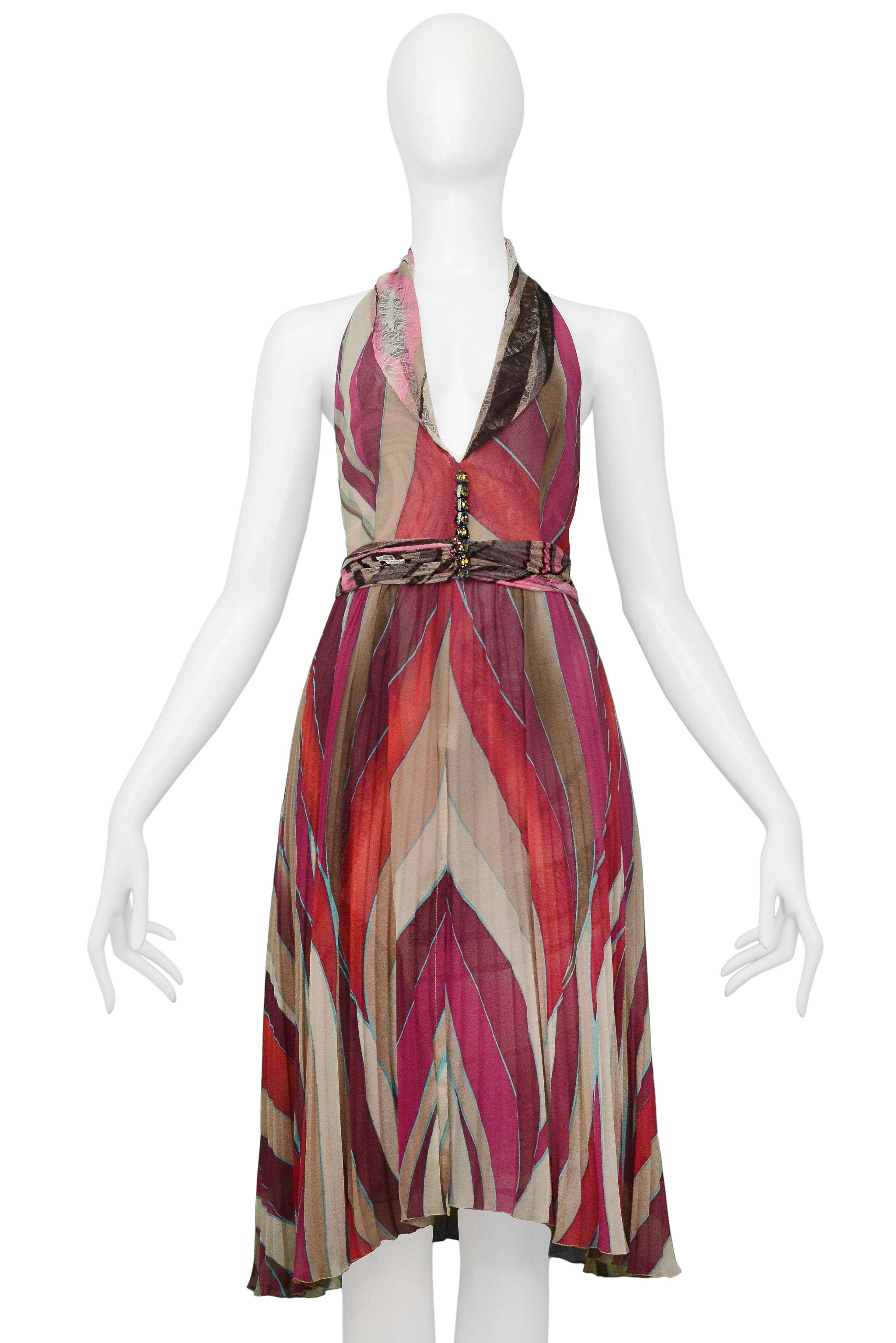VERSACE PINK ABSTRACT PRINT HALTER DRESS WITH LACE PANELS 2000