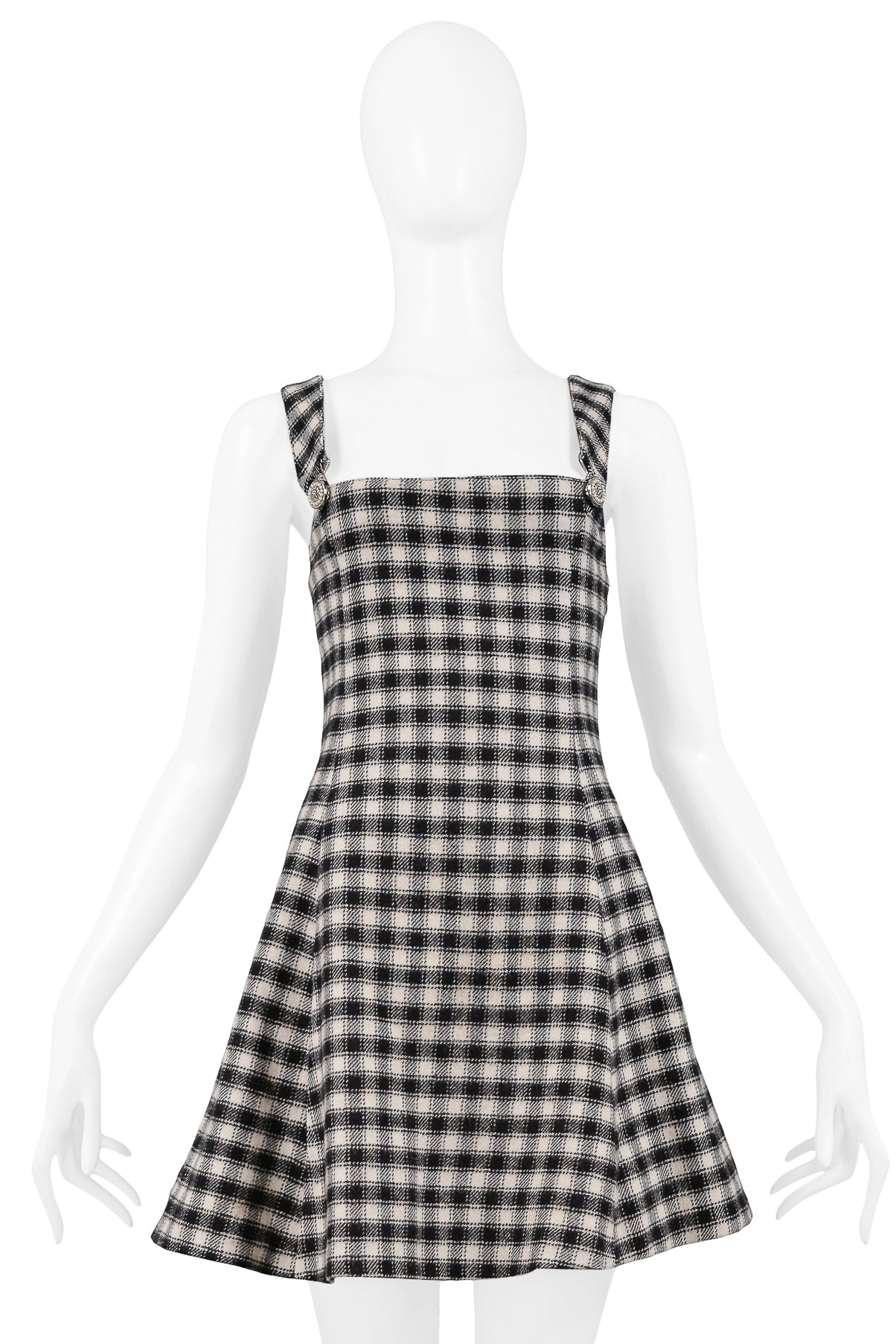 VERSACE VERSUS BLACK & WHITE CHECK SUSPENDER DRESS WITH SILVER MEDALLIONS