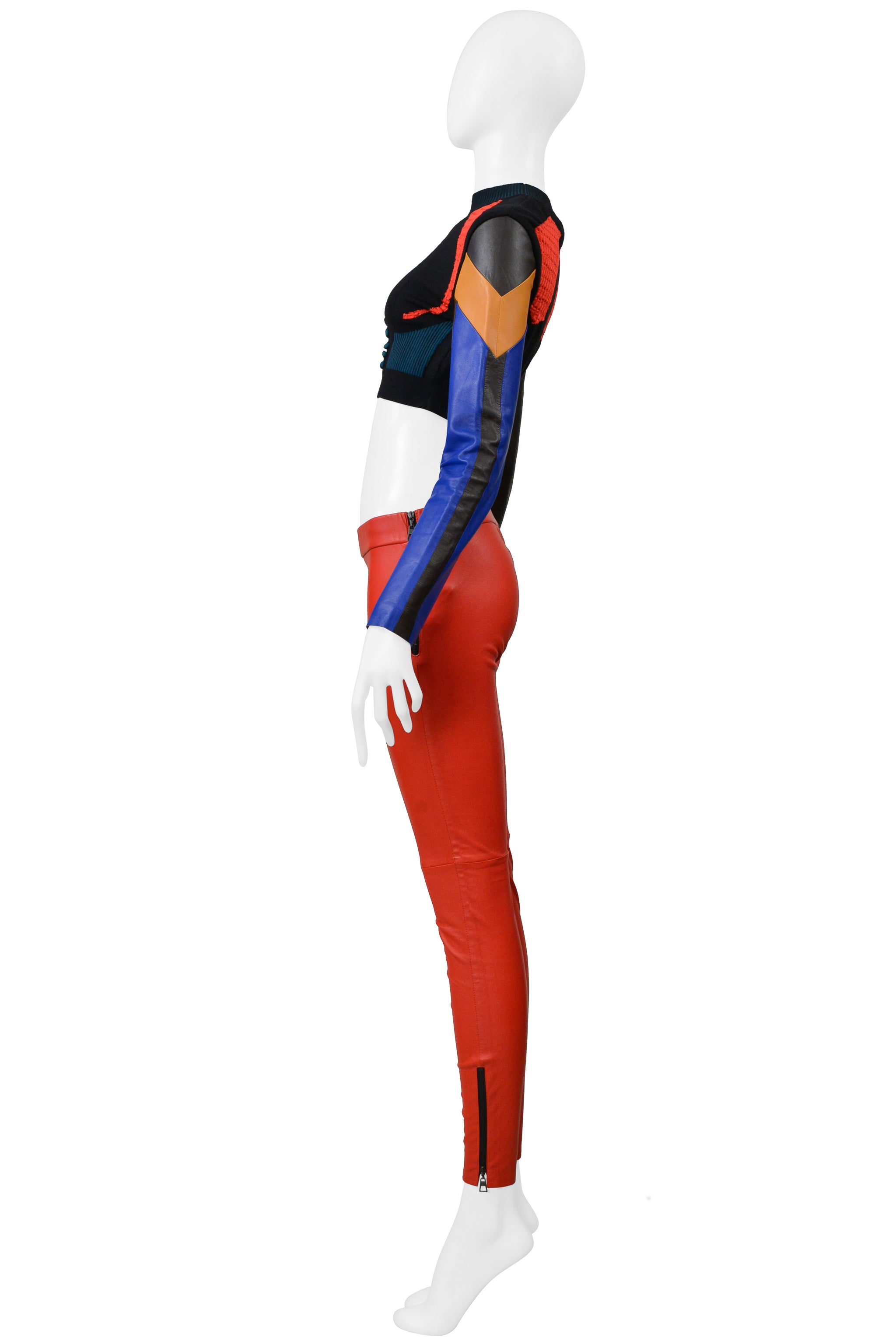 LOUIS VUITTON BY NICOLAS GHESQUIERE MULTICOLOR KNIT CROP SWEATER AND RED LEATHER PANTS 2016