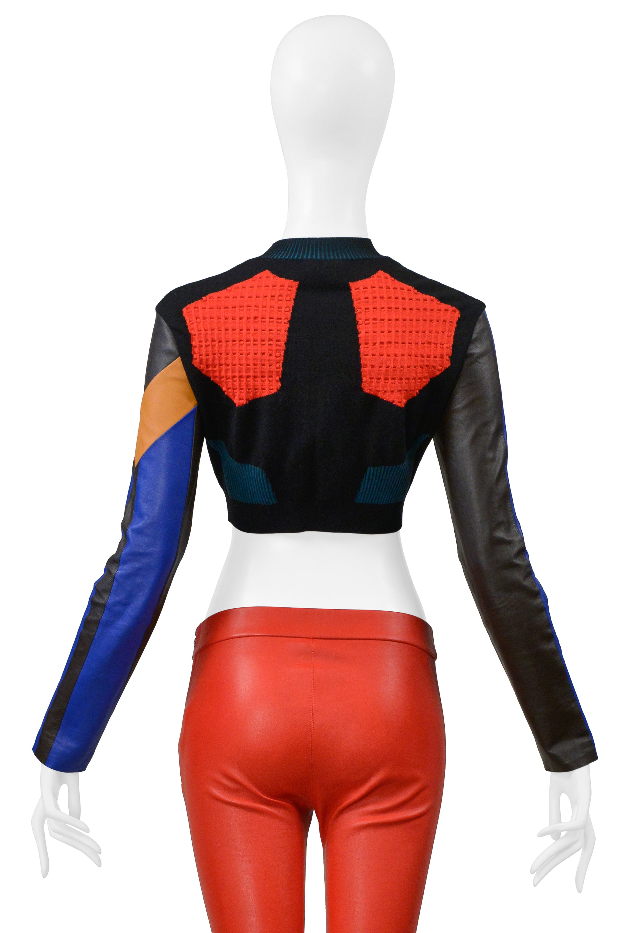 LOUIS VUITTON BY NICOLAS GHESQUIERE MULTICOLOR KNIT CROP SWEATER AND RED LEATHER PANTS 2016
