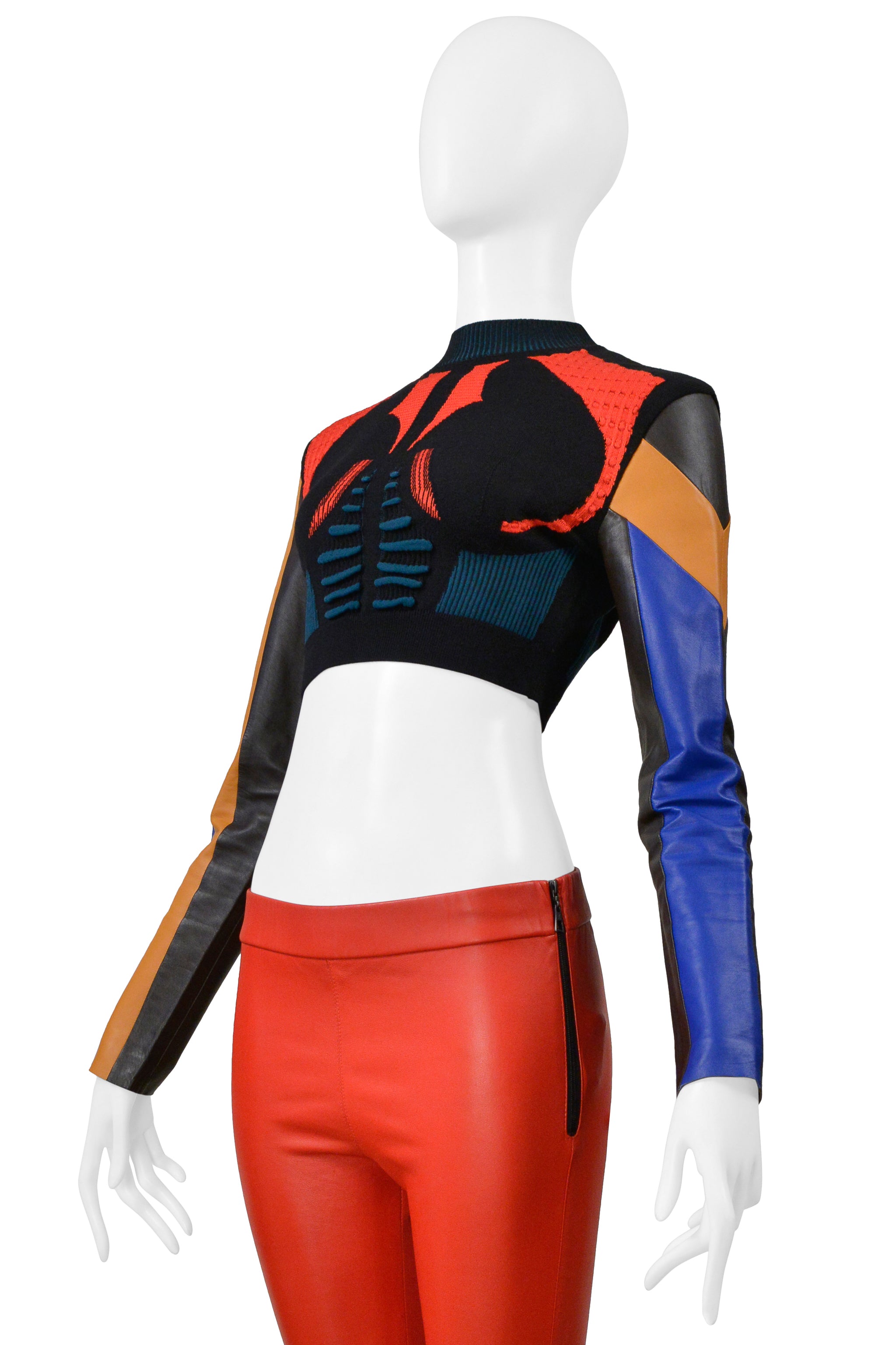 LOUIS VUITTON BY NICOLAS GHESQUIERE MULTICOLOR KNIT CROP SWEATER AND RED LEATHER PANTS 2016