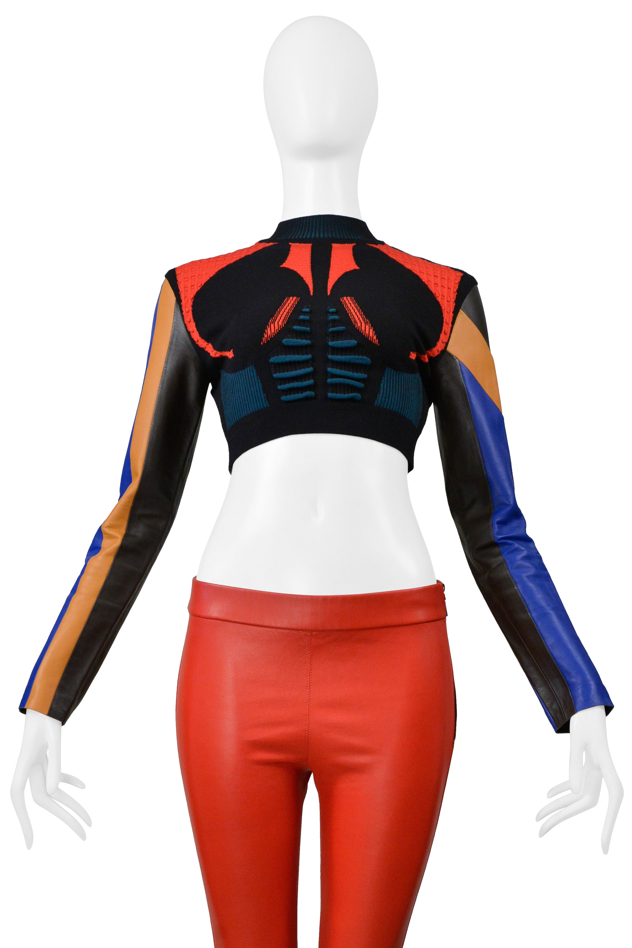 LOUIS VUITTON BY NICOLAS GHESQUIERE MULTICOLOR KNIT CROP SWEATER AND RED LEATHER PANTS 2016