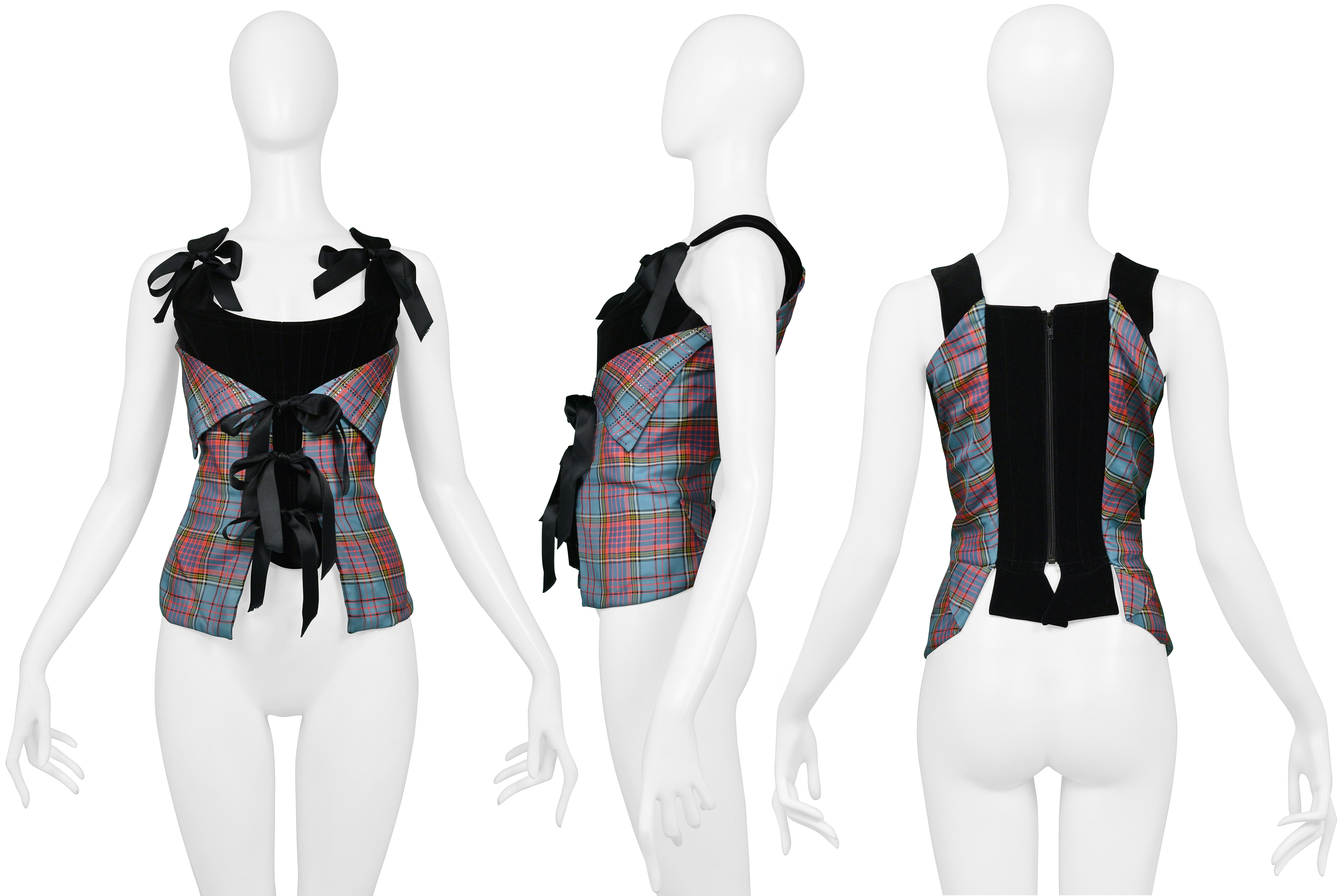 VIVIENNE WESTWOOD BLACK VELVET CORSET WITH MACANDREAS PLAID & RHINESTONE OVERLAY 1993
