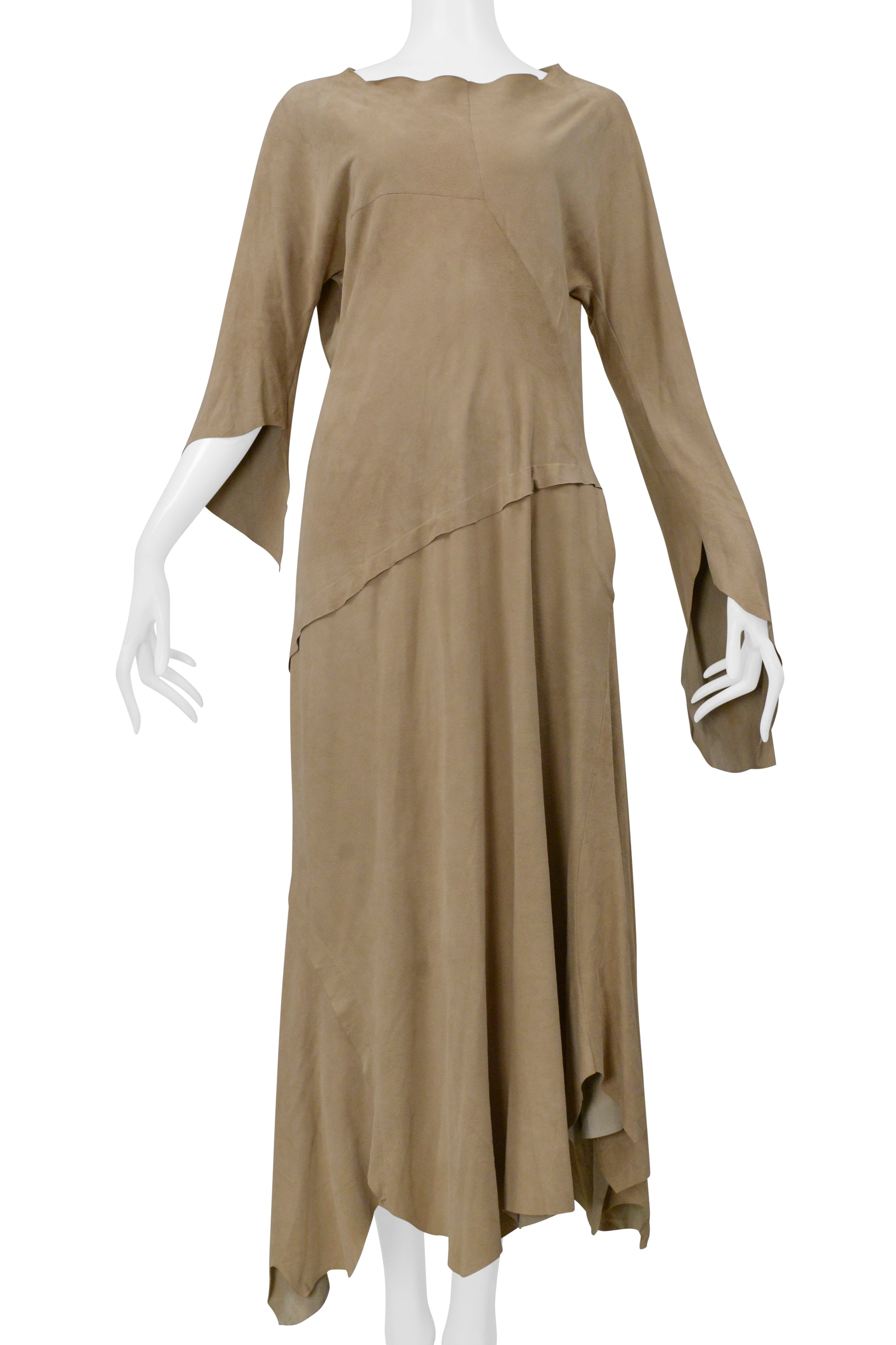 YOHJI YAMAMOTO BEIGE SUEDE DRESS WITH RAW HEM AND ASYMMETRICAL SLEEVES 2000-2001