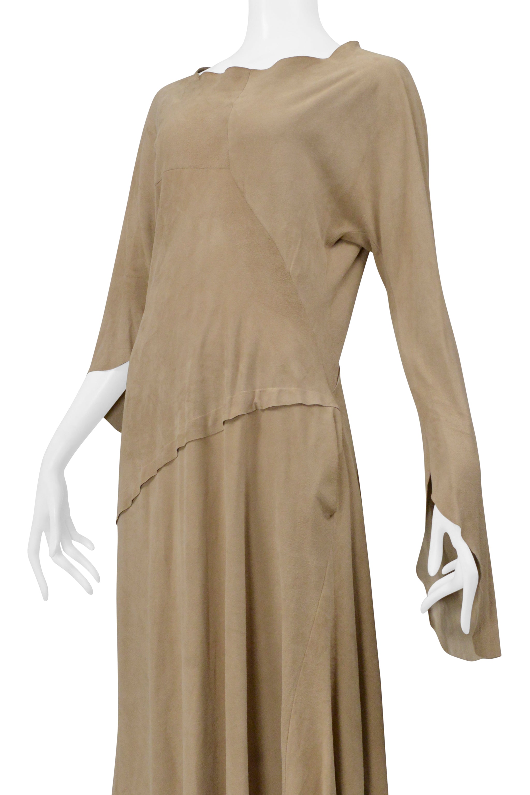 YOHJI YAMAMOTO BEIGE SUEDE DRESS WITH RAW HEM AND ASYMMETRICAL SLEEVES 2000-2001
