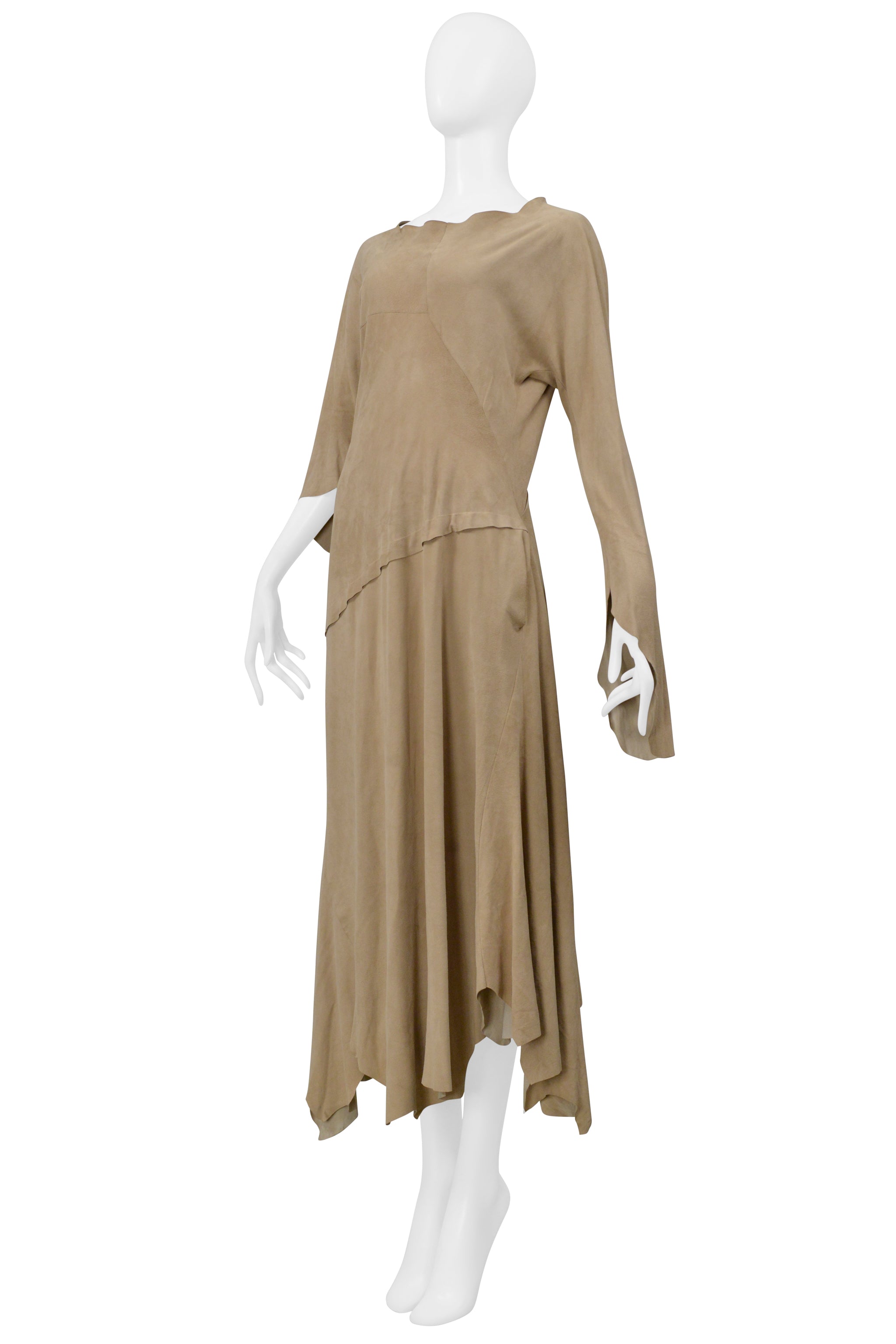 YOHJI YAMAMOTO BEIGE SUEDE DRESS WITH RAW HEM AND ASYMMETRICAL SLEEVES 2000-2001