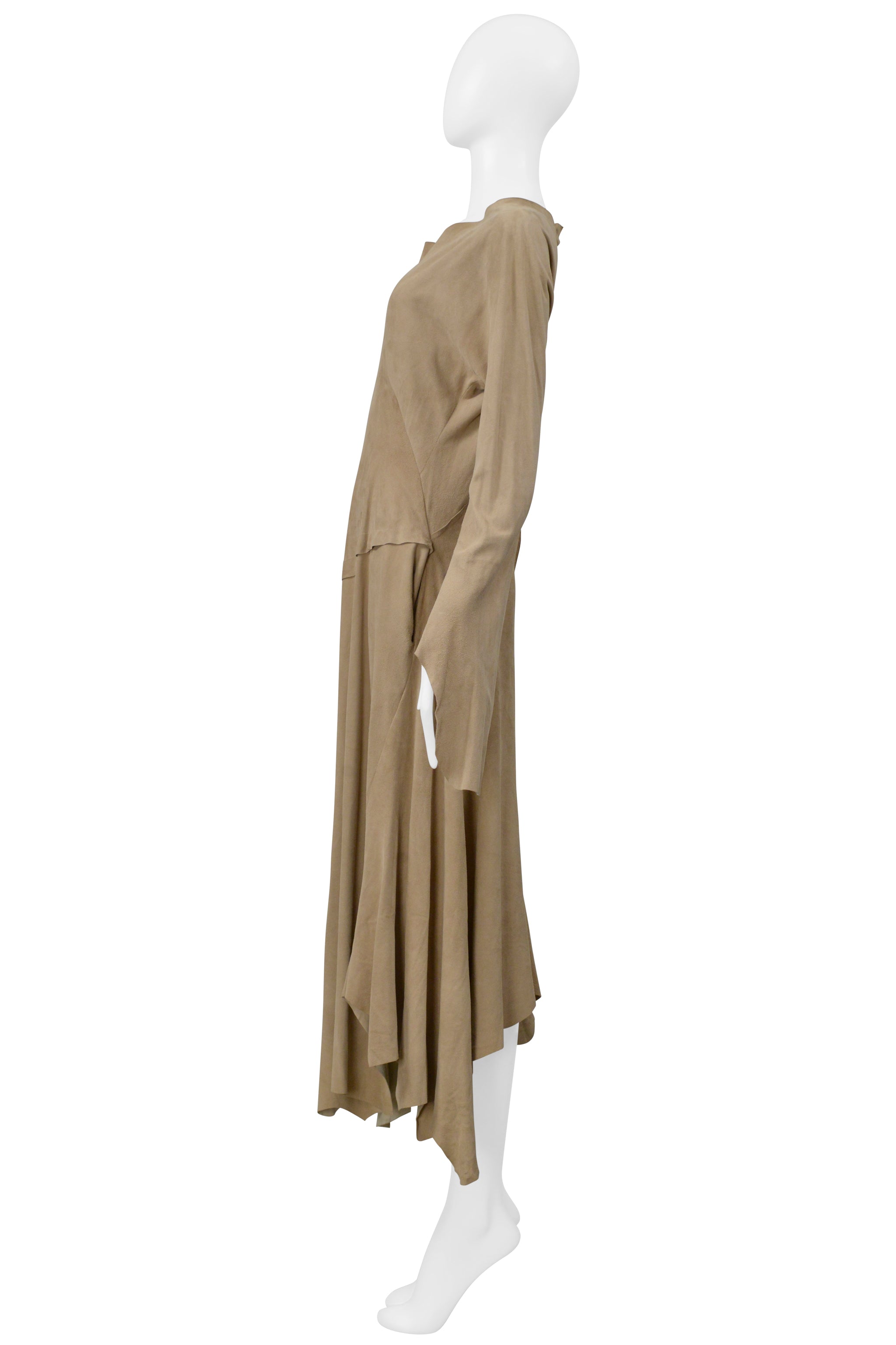 YOHJI YAMAMOTO BEIGE SUEDE DRESS WITH RAW HEM AND ASYMMETRICAL SLEEVES 2000-2001