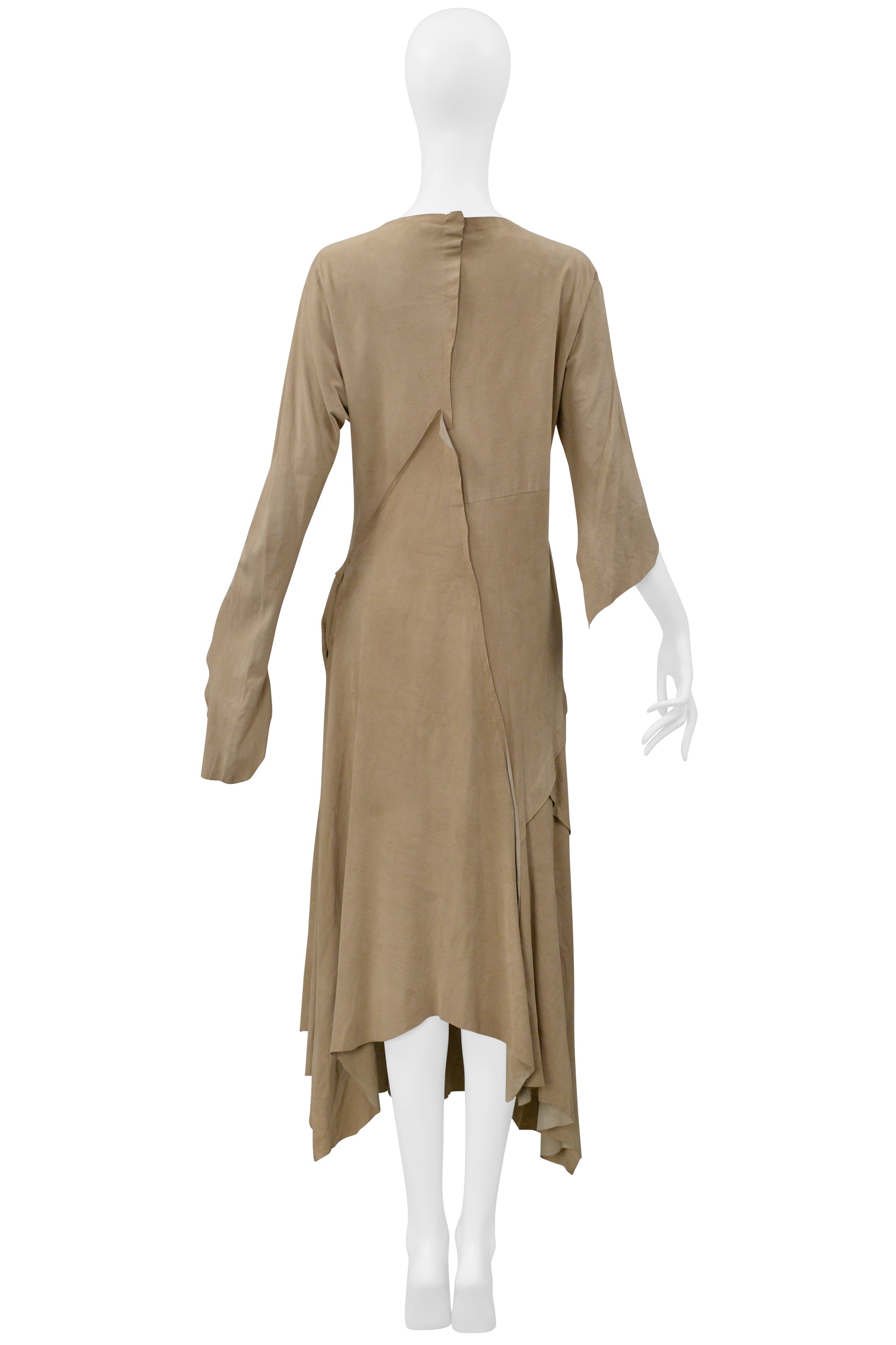 YOHJI YAMAMOTO BEIGE SUEDE DRESS WITH RAW HEM AND ASYMMETRICAL SLEEVES 2000-2001
