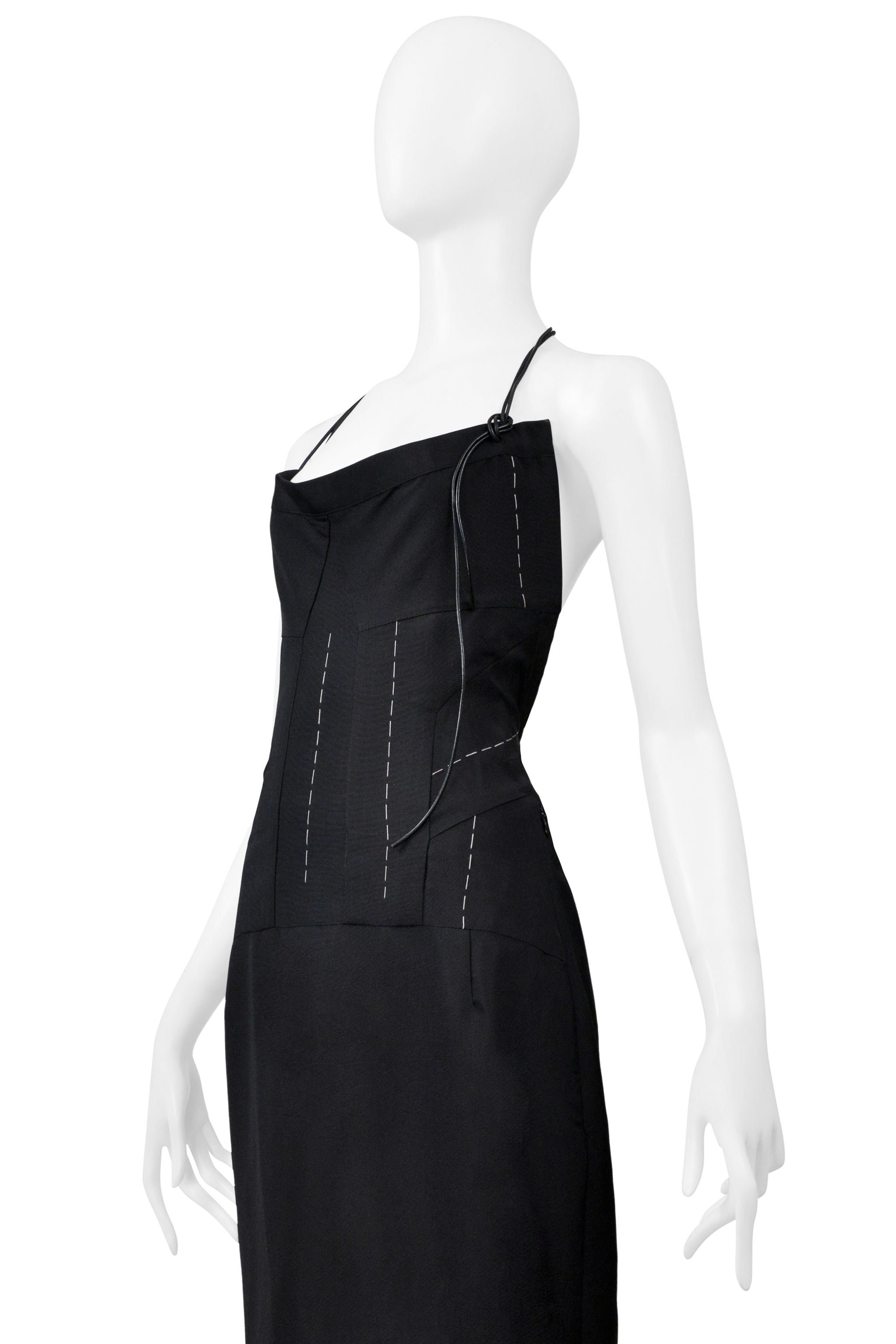 YOHJI YAMAMOTO BLACK SILK DRESS WITH CROSS AND LEATHER STRAPS 2000