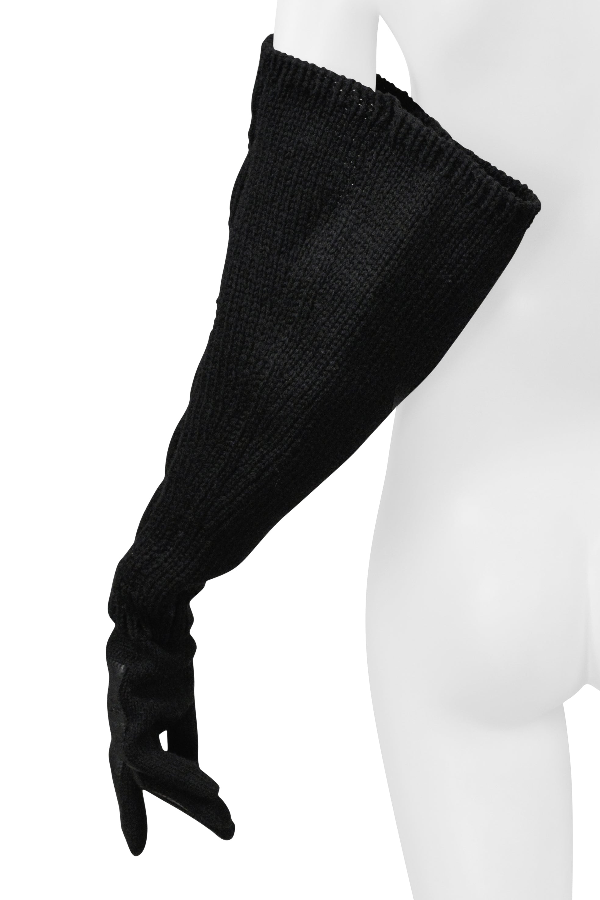 YOHJI YAMAMOTO BLACK LEATHER GLOVES WITH LONG KNIT SLEEVES