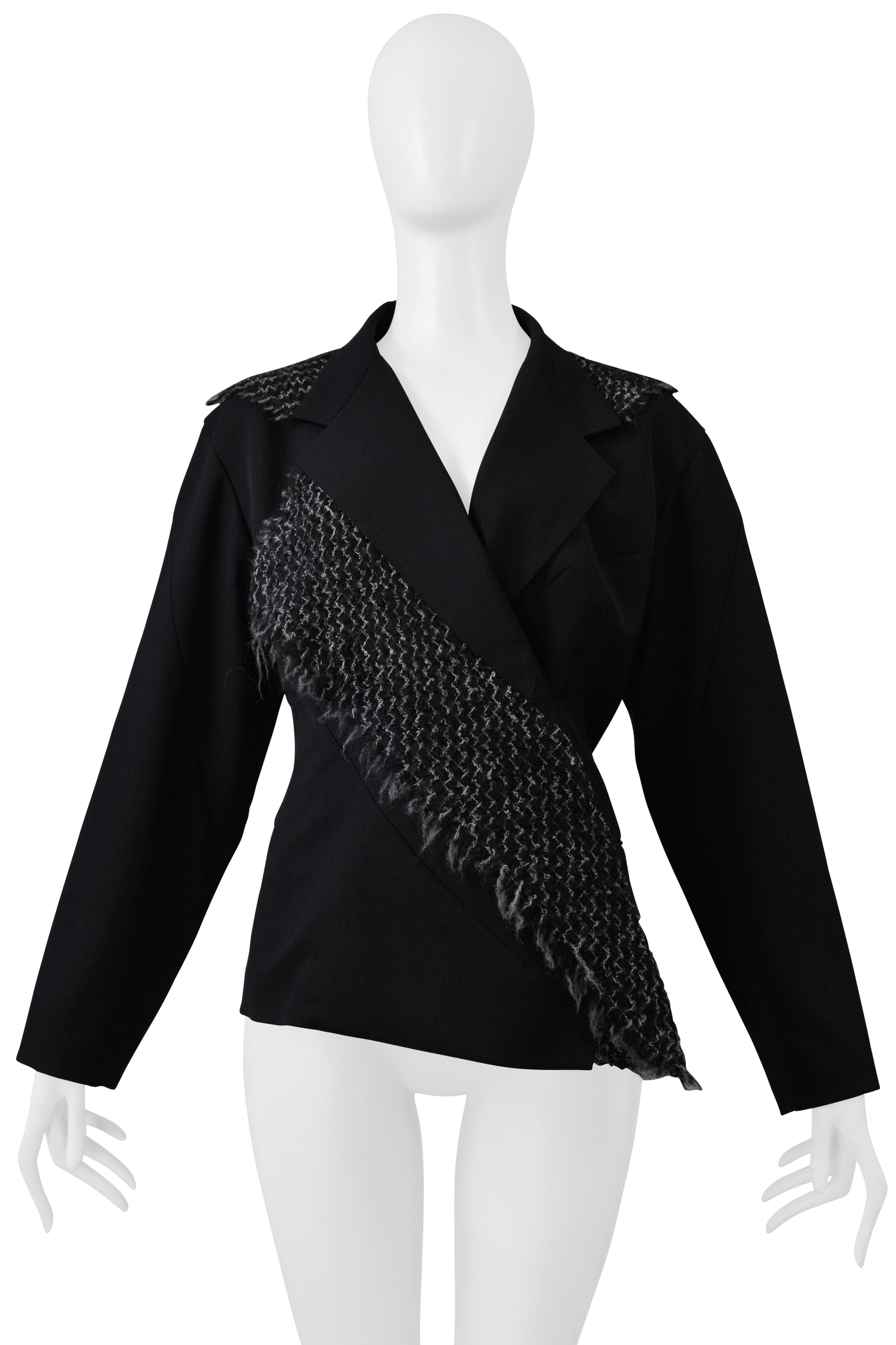 YOHJI YAMAMOTO BLACK JACKET WITH WIDE LAPEL WITH CONTRASTING WOVEN FABRIC 1995