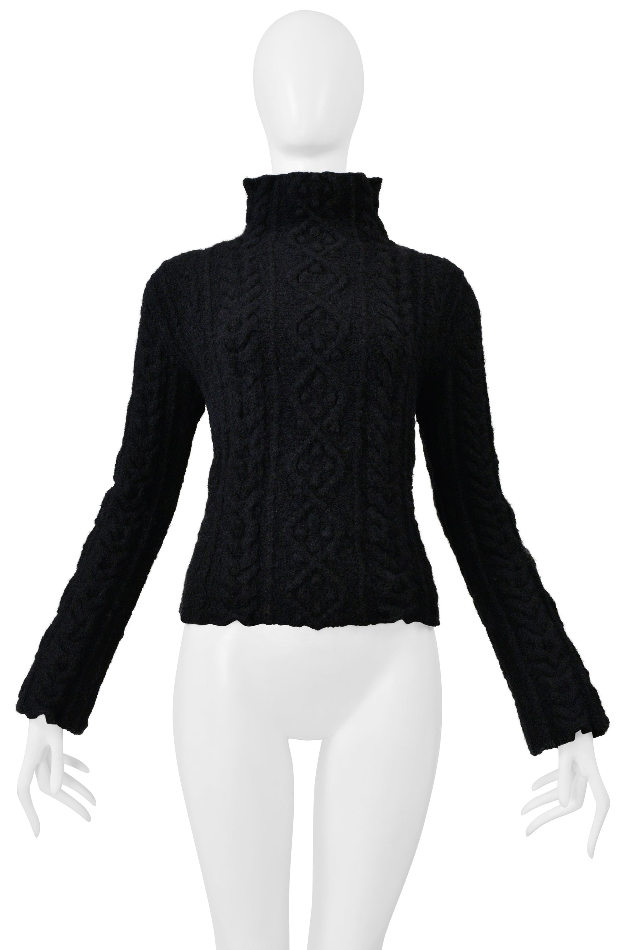 YOHJI YAMAMOTO BLACK CABLE KNIT SWEATER W HIGH COLLAR 1999-00