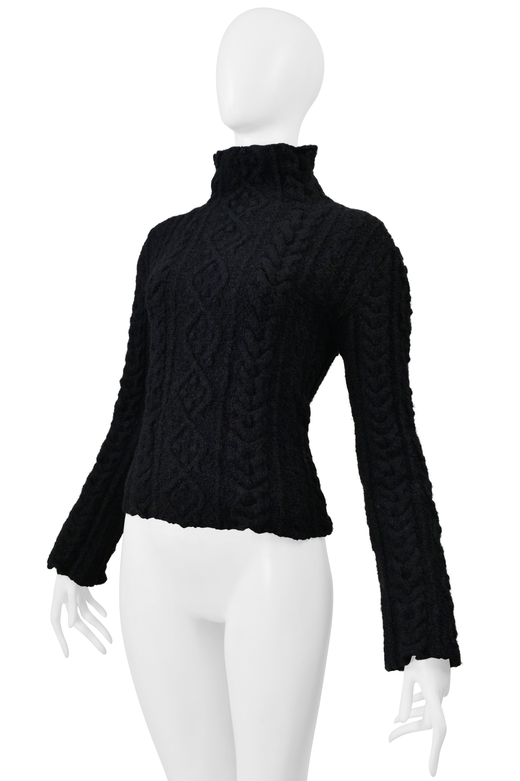 YOHJI YAMAMOTO BLACK CABLE KNIT SWEATER W HIGH COLLAR 1999-00