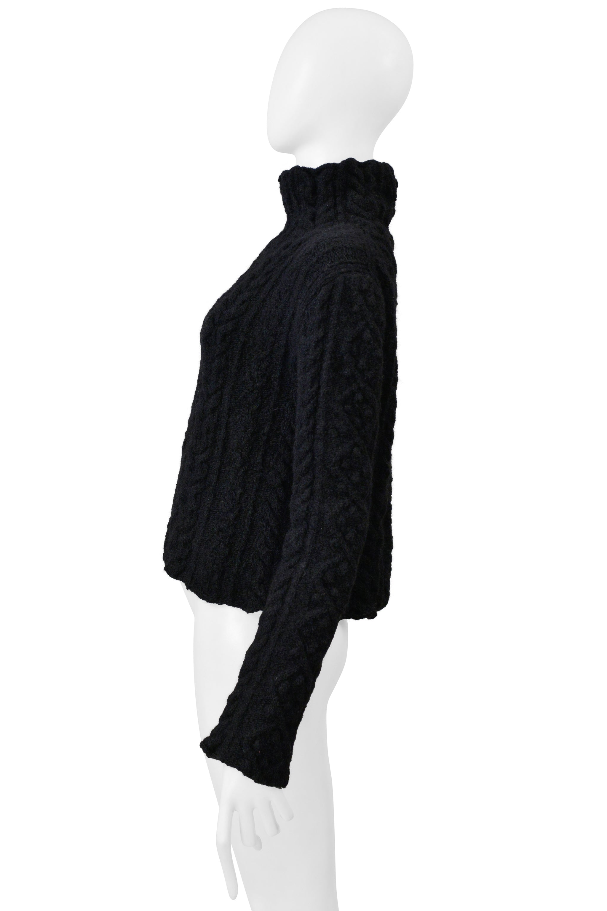 YOHJI YAMAMOTO BLACK CABLE KNIT SWEATER W HIGH COLLAR 1999-00