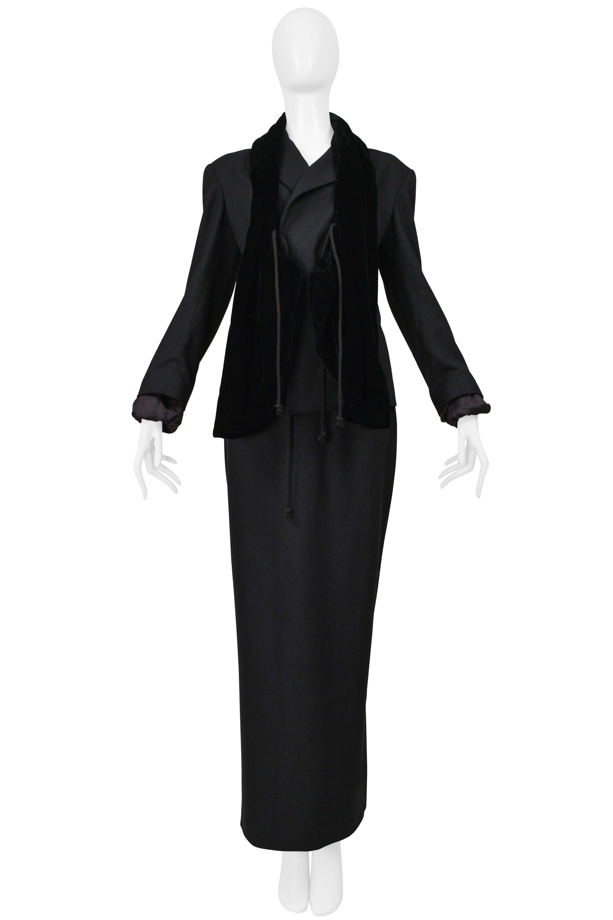 YOHJI YAMAMOTO 2000–01 BLACK JACKET WITH VELVET SCARF AND SKIRT