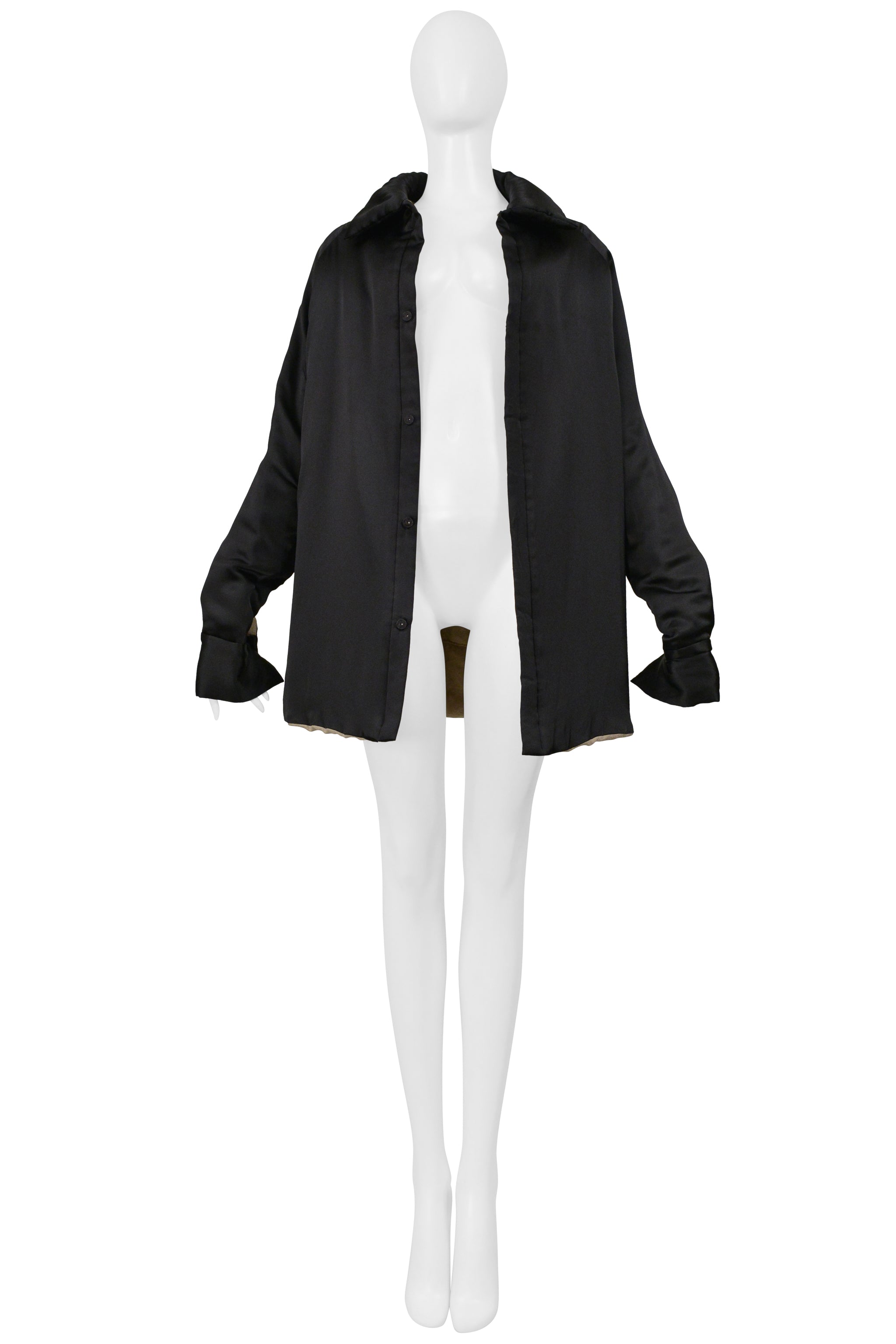 YOHJI YAMAMOTO BLACK SATIN LINEN COAT WITH COLLAR 2000