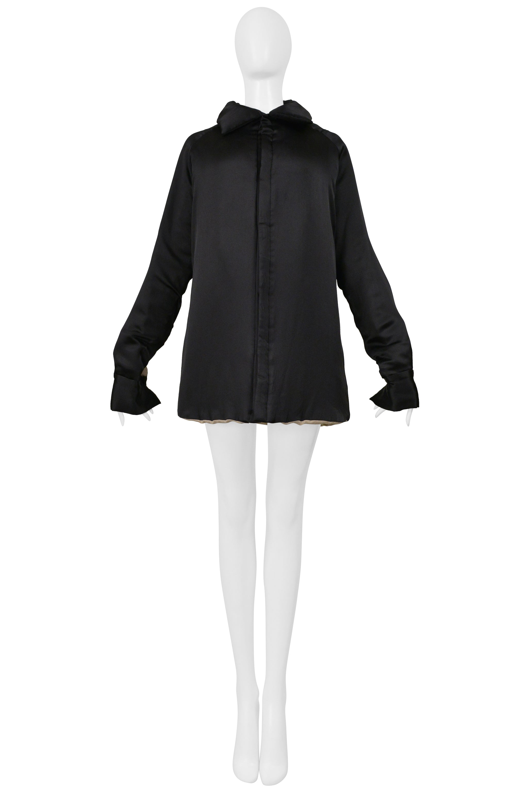 YOHJI YAMAMOTO BLACK SATIN LINEN COAT WITH COLLAR 2000