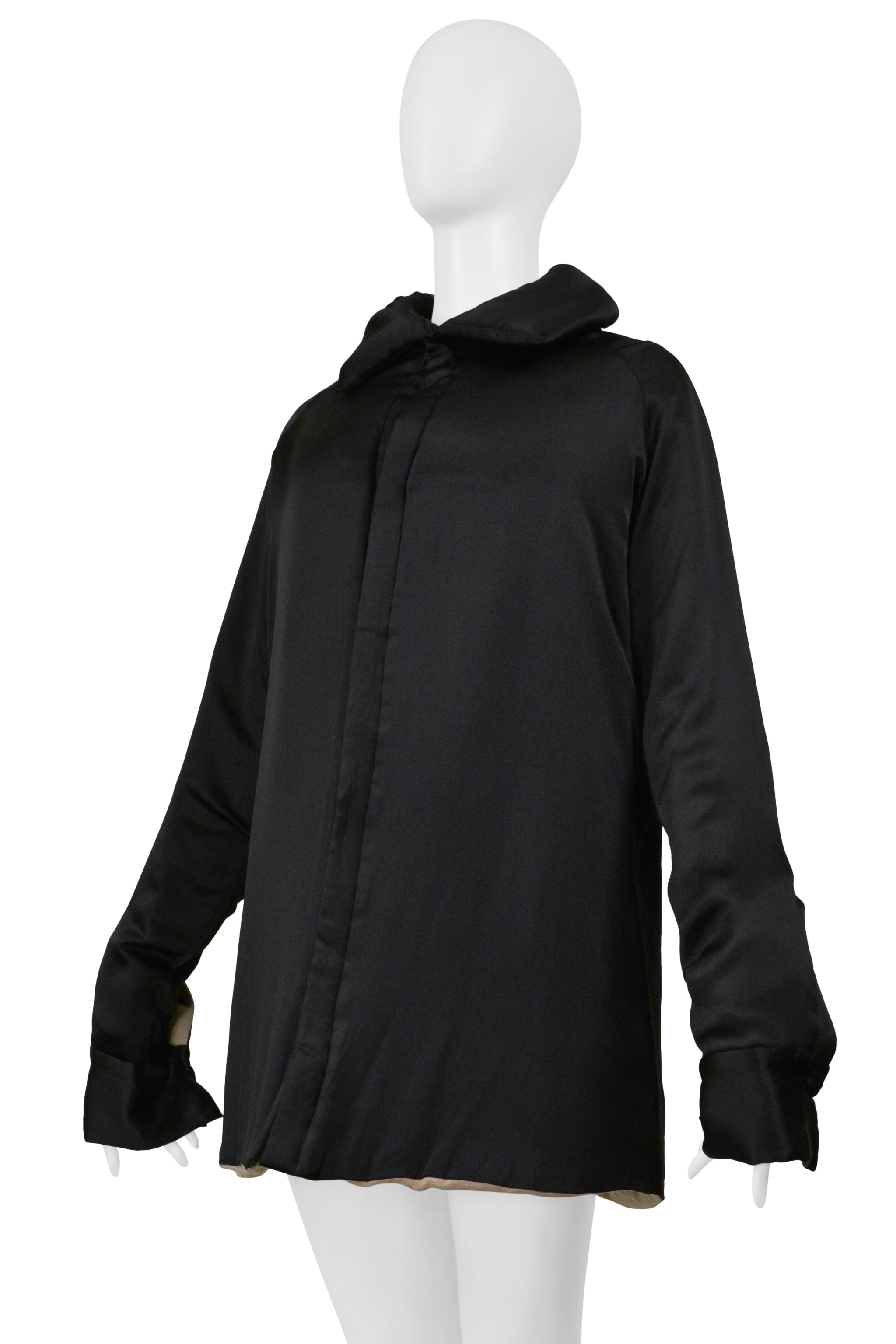 YOHJI YAMAMOTO BLACK SATIN LINEN COAT WITH COLLAR 2000