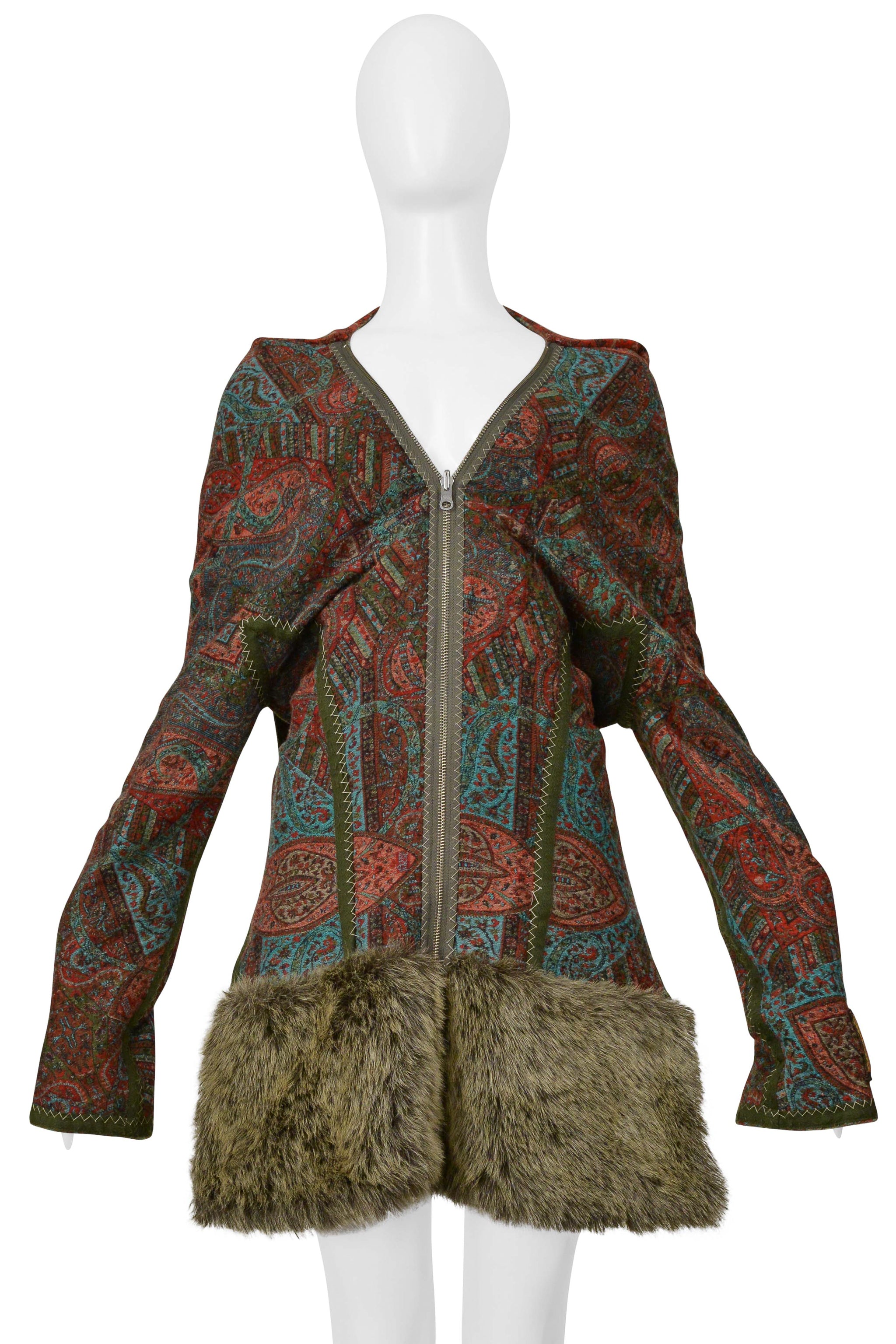 YOHJI YAMAMOTO 2000–01 MULTICOLOR KILIM-STYLE WOVEN JACKET WITH HOOD