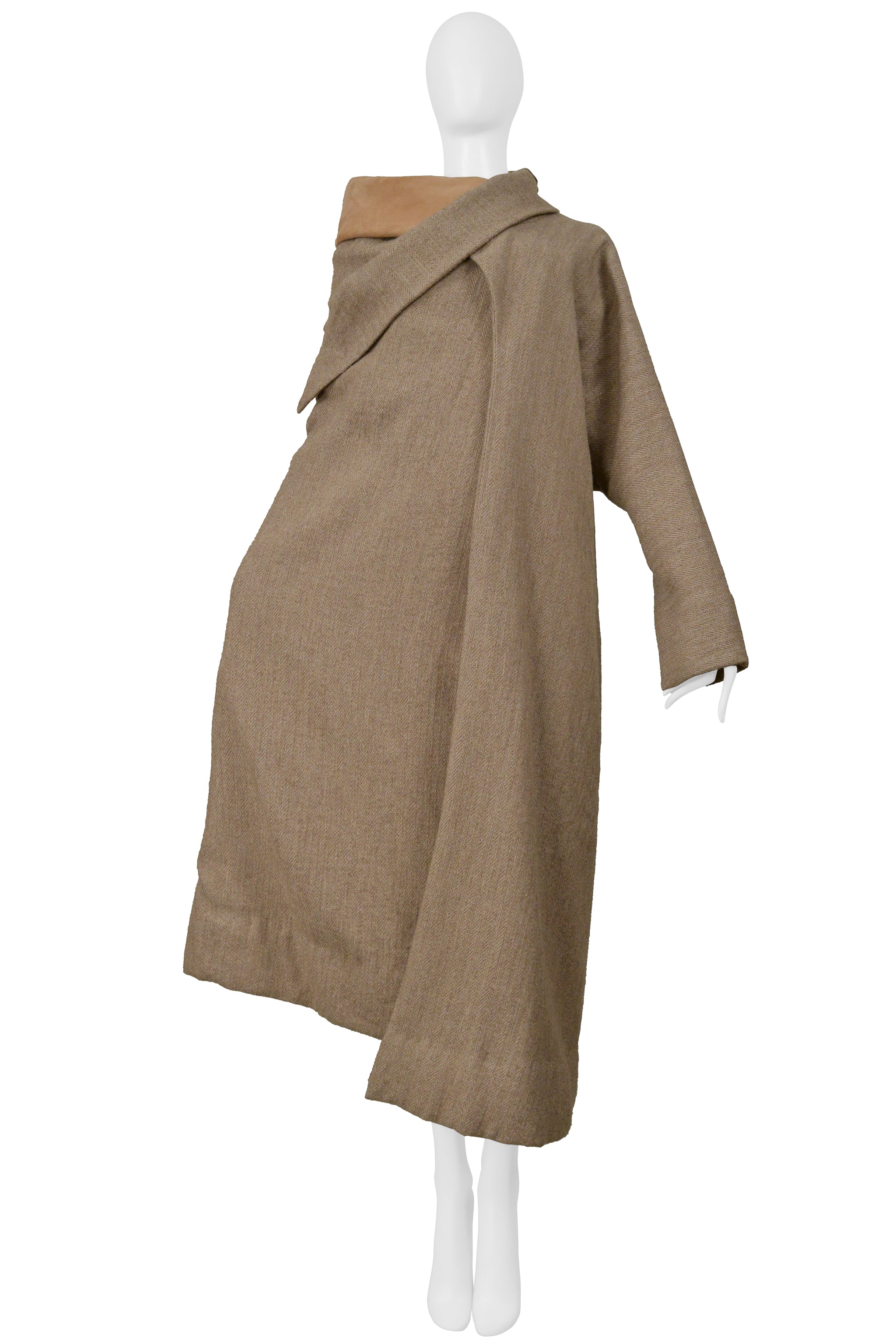 YOHJI YAMAMOTO CAMEL DRAPED CAPE COAT WITH HIGH NECK & ONE SLEEVE 2000
