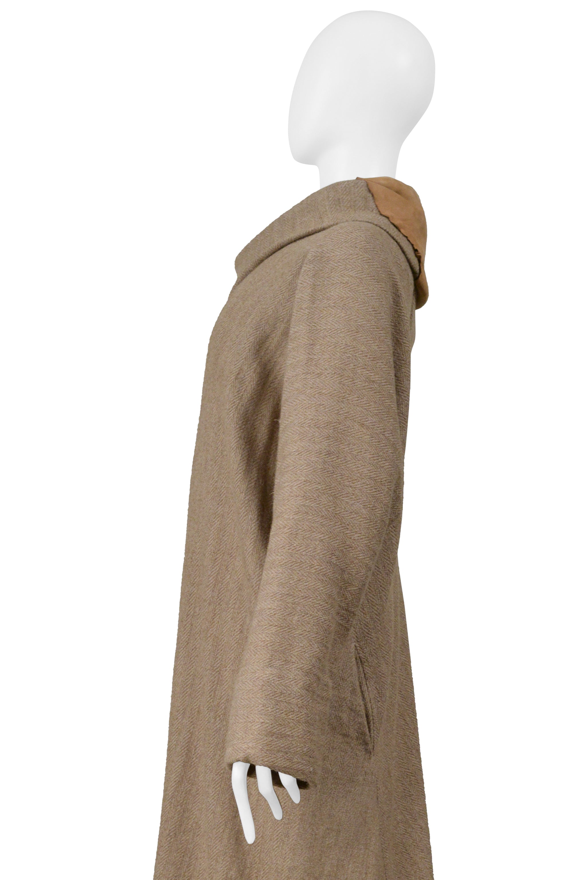 YOHJI YAMAMOTO CAMEL DRAPED CAPE COAT WITH HIGH NECK & ONE SLEEVE 2000