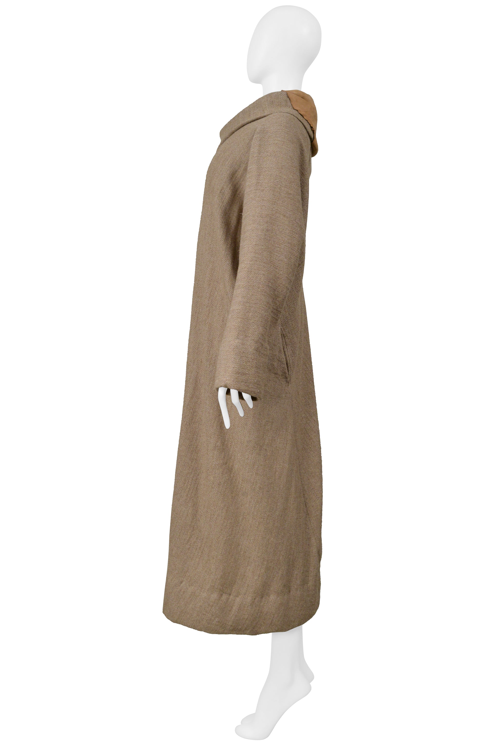 YOHJI YAMAMOTO CAMEL DRAPED CAPE COAT WITH HIGH NECK & ONE SLEEVE 2000