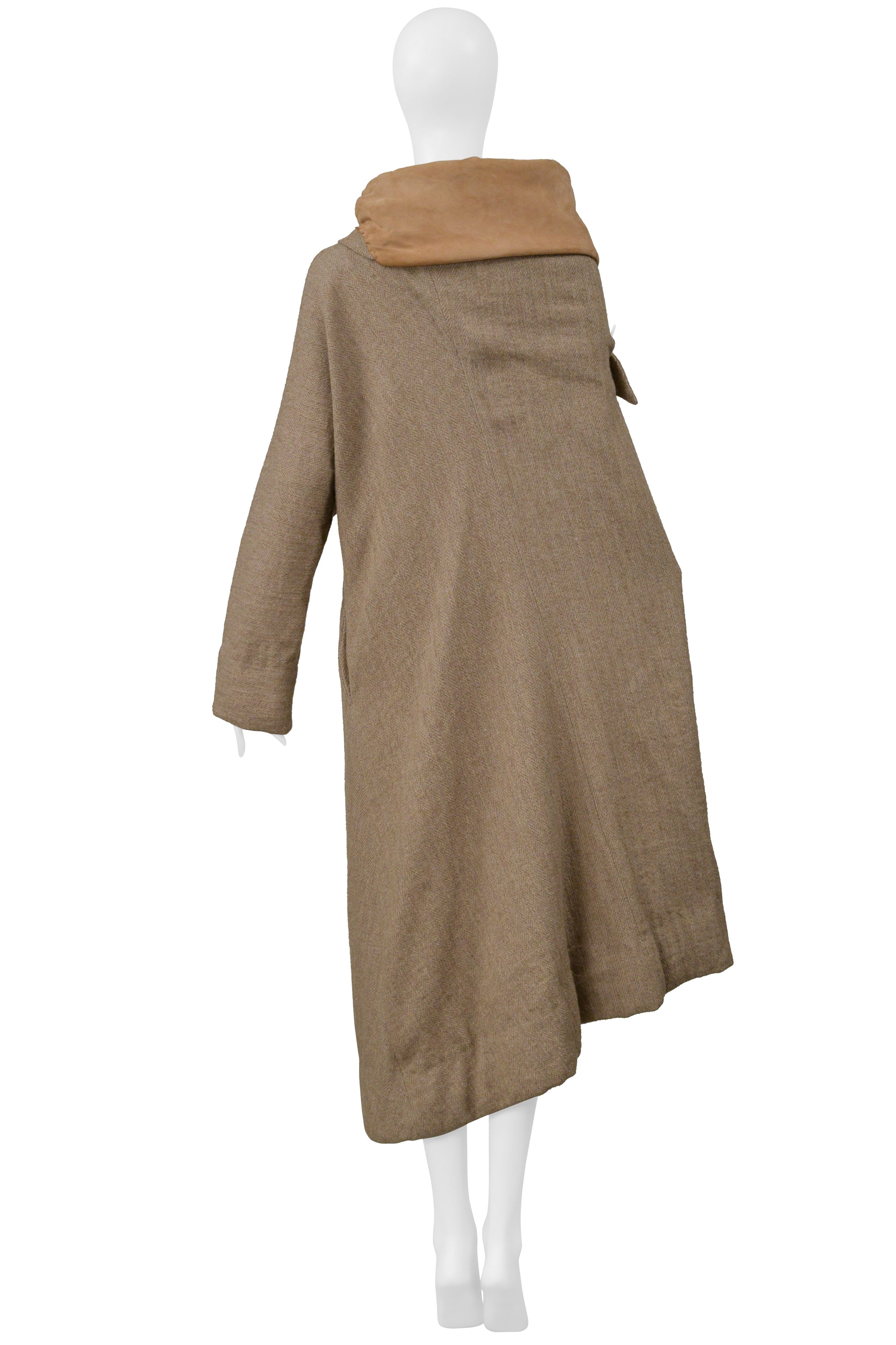YOHJI YAMAMOTO CAMEL DRAPED CAPE COAT WITH HIGH NECK & ONE SLEEVE 2000
