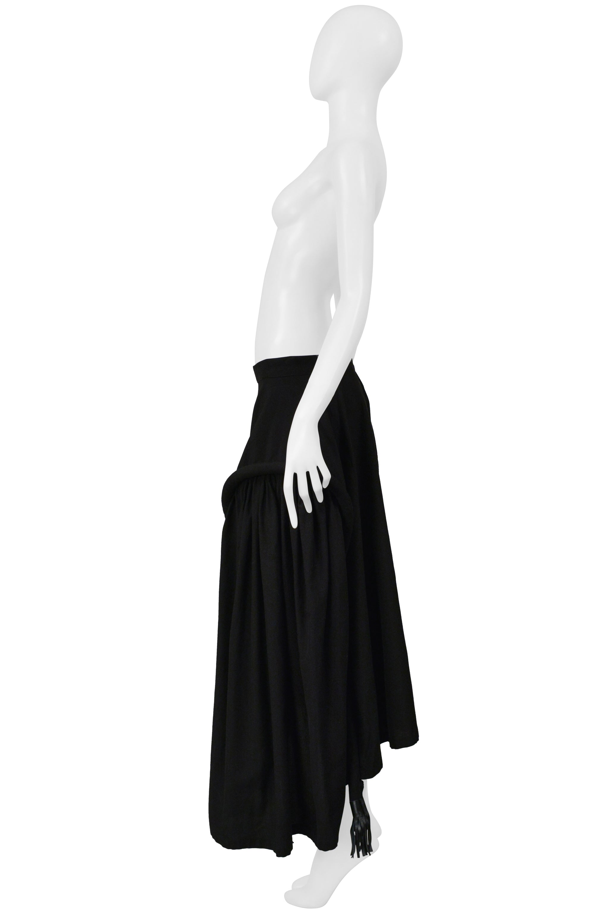YOHJI YAMAMOTO BLACK LONG FULL SKIRT WITH PADDED SEAM & LEATHER TASSELS 2001