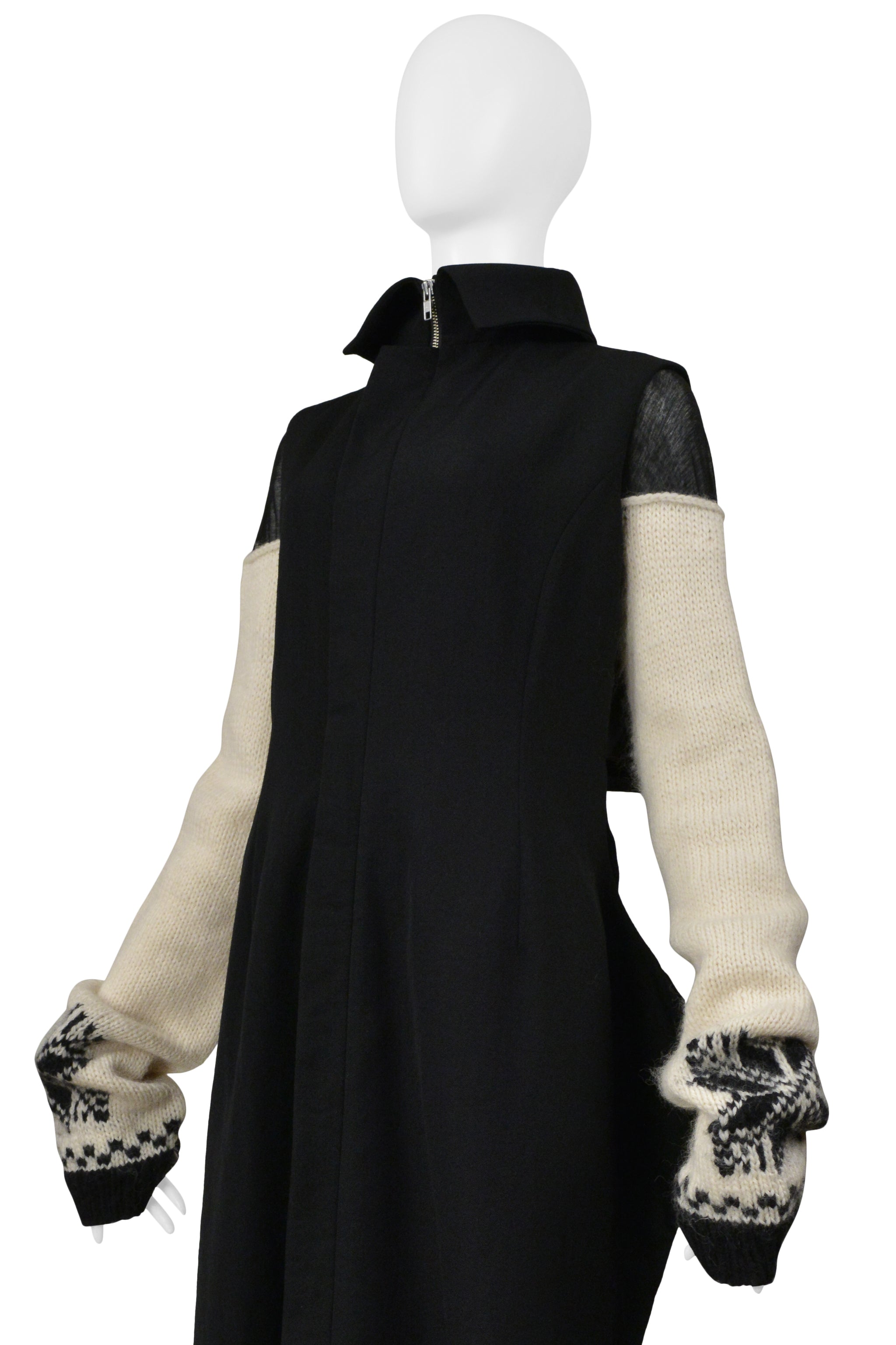 YOHJI YAMAMOTO BLACK WOOL VEST WITH BLACK SHEER HIGH NECK TOP WITH SWEATER SLEEVES 2004-05