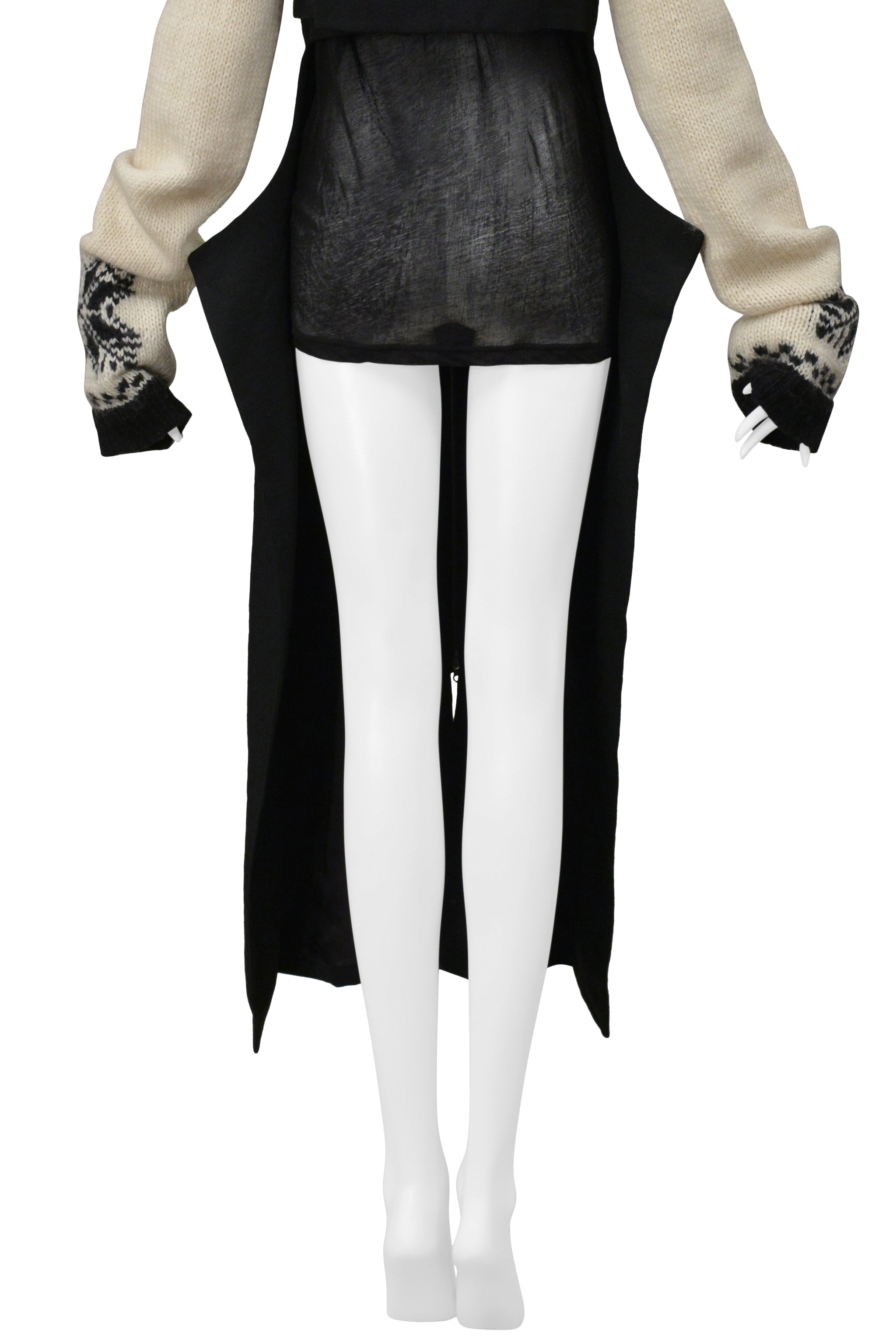YOHJI YAMAMOTO BLACK WOOL VEST WITH BLACK SHEER HIGH NECK TOP WITH SWEATER SLEEVES 2004-05