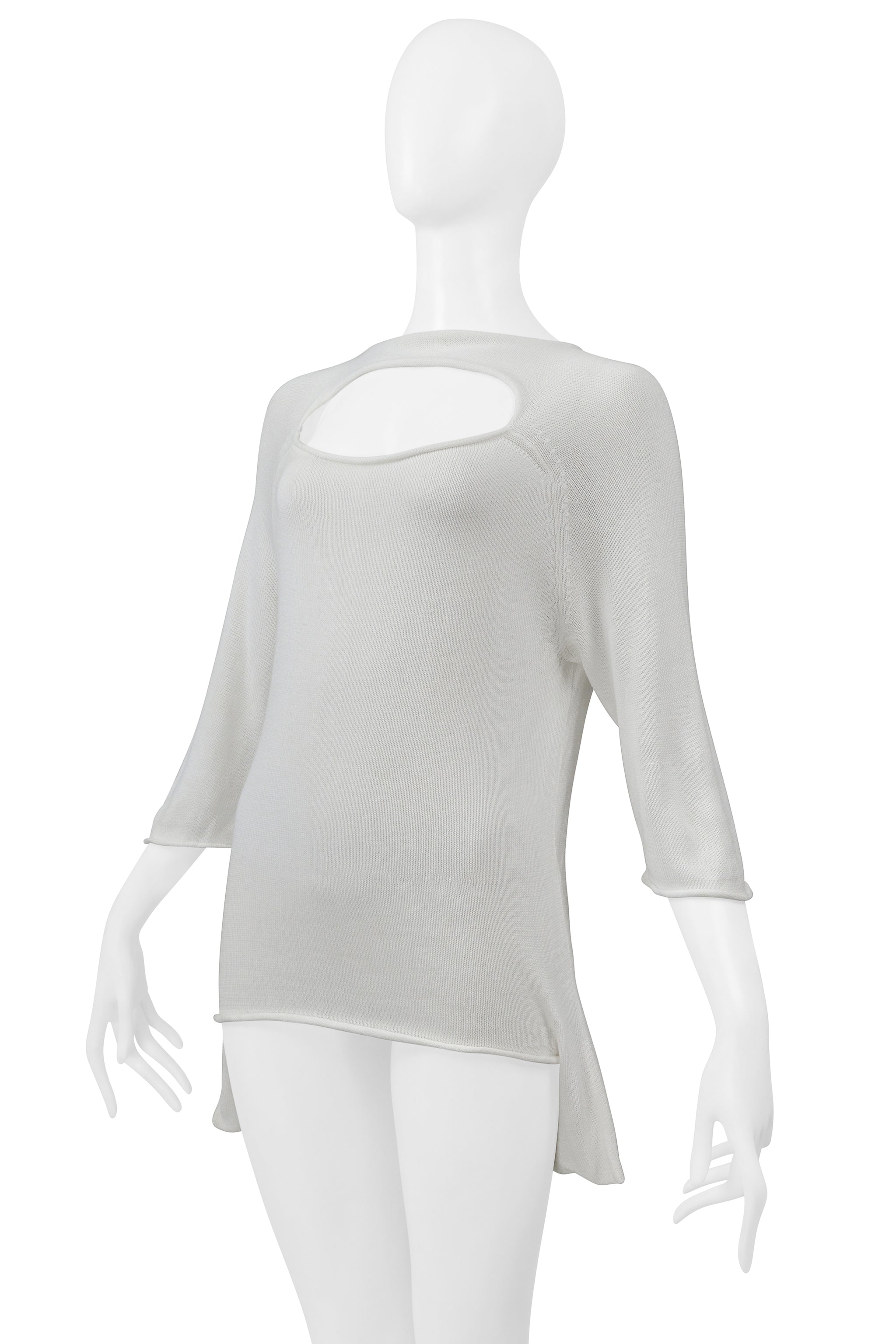 YOHJI YAMAMOTO WHITE COTTON HIGH-LOW SWEATER WITH CUTOUT SS 2001