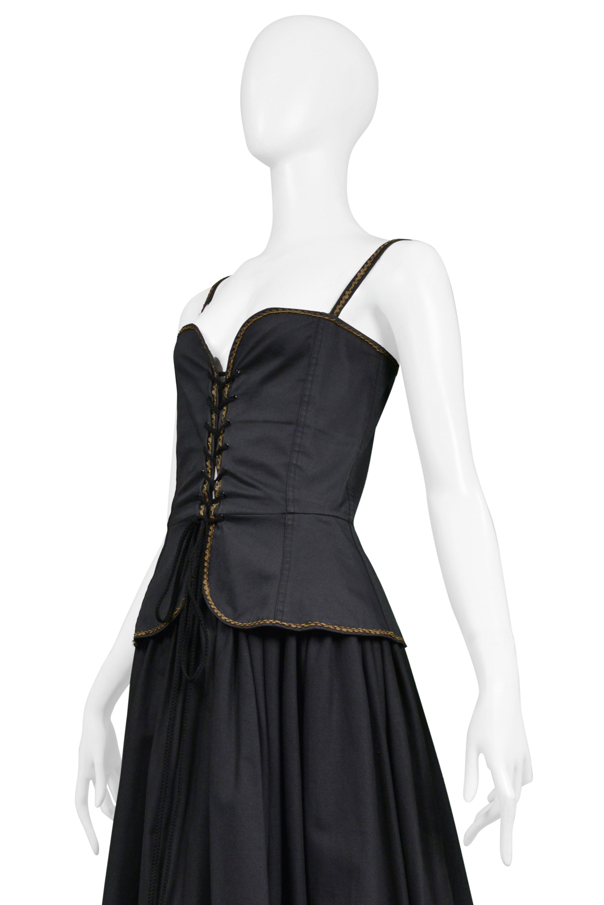 YVES SAINT LAURENT YSL BLACK & GOLD CORSET TOP & FANCY PEASANT SKIRT ENSEMBLE 1970S