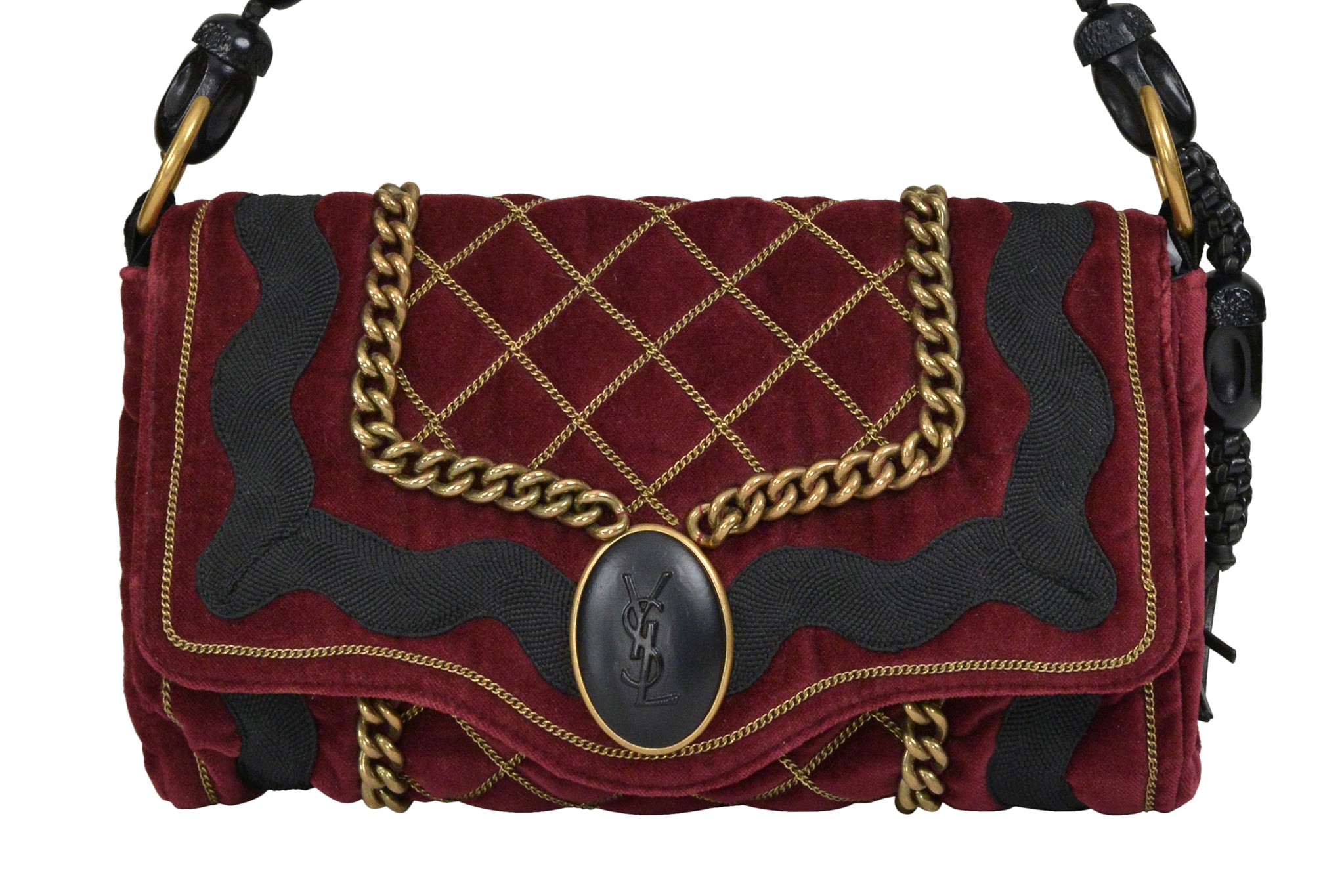 YVES SAINT LAURENT BURGUNDY VELVET BAG WITH CHAIN DETAIL