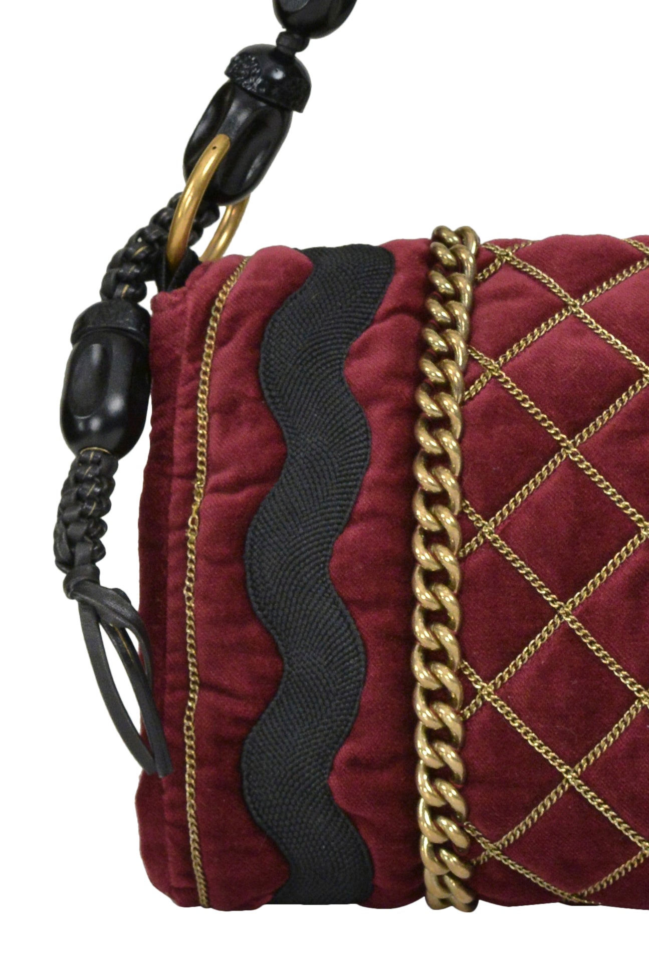 YVES SAINT LAURENT BURGUNDY VELVET BAG WITH CHAIN DETAIL