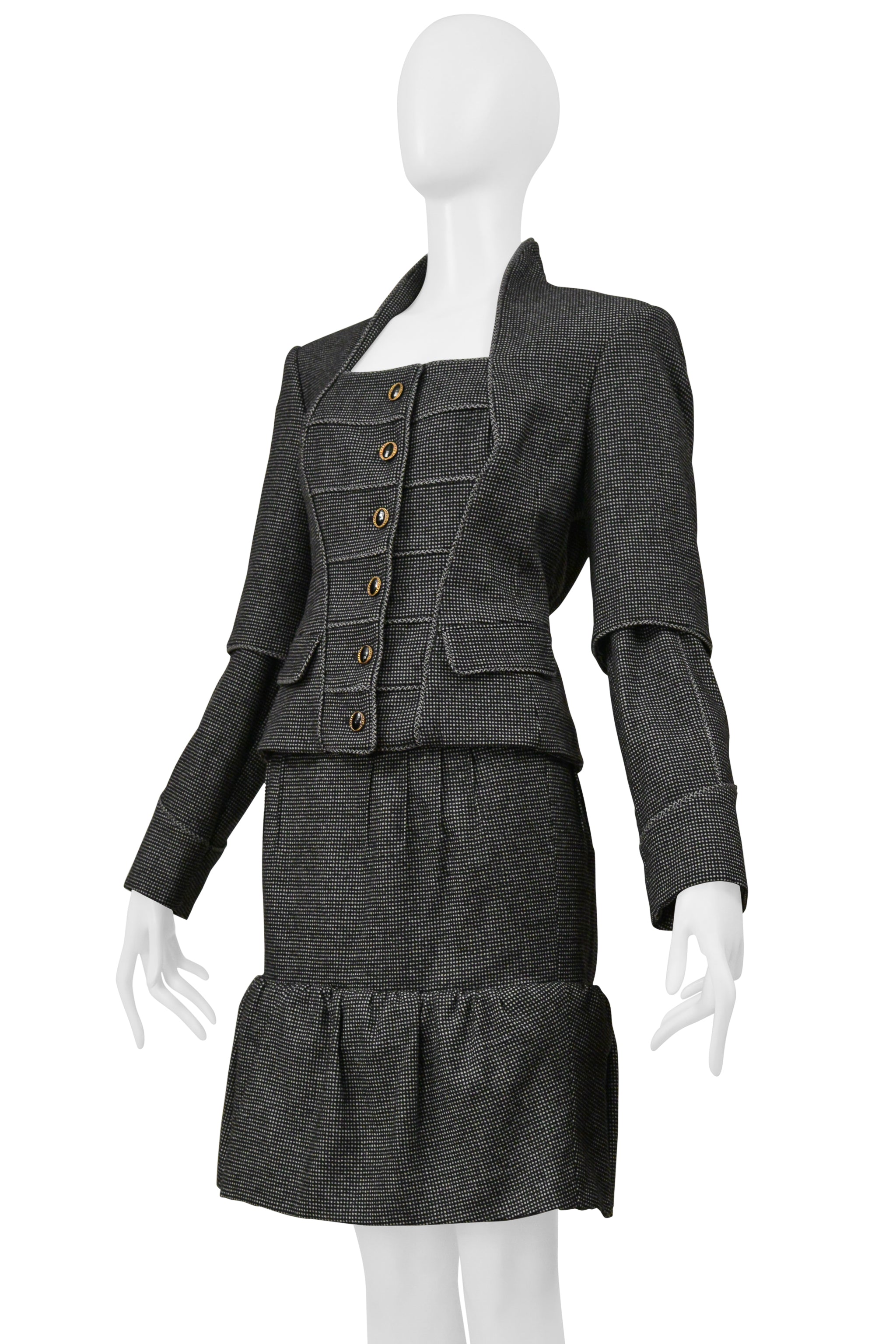 YVES SAINT LAURENT GRAY MINI CHECKERED PRINT JACKET AND SKIRT SUIT ENSEMBLE