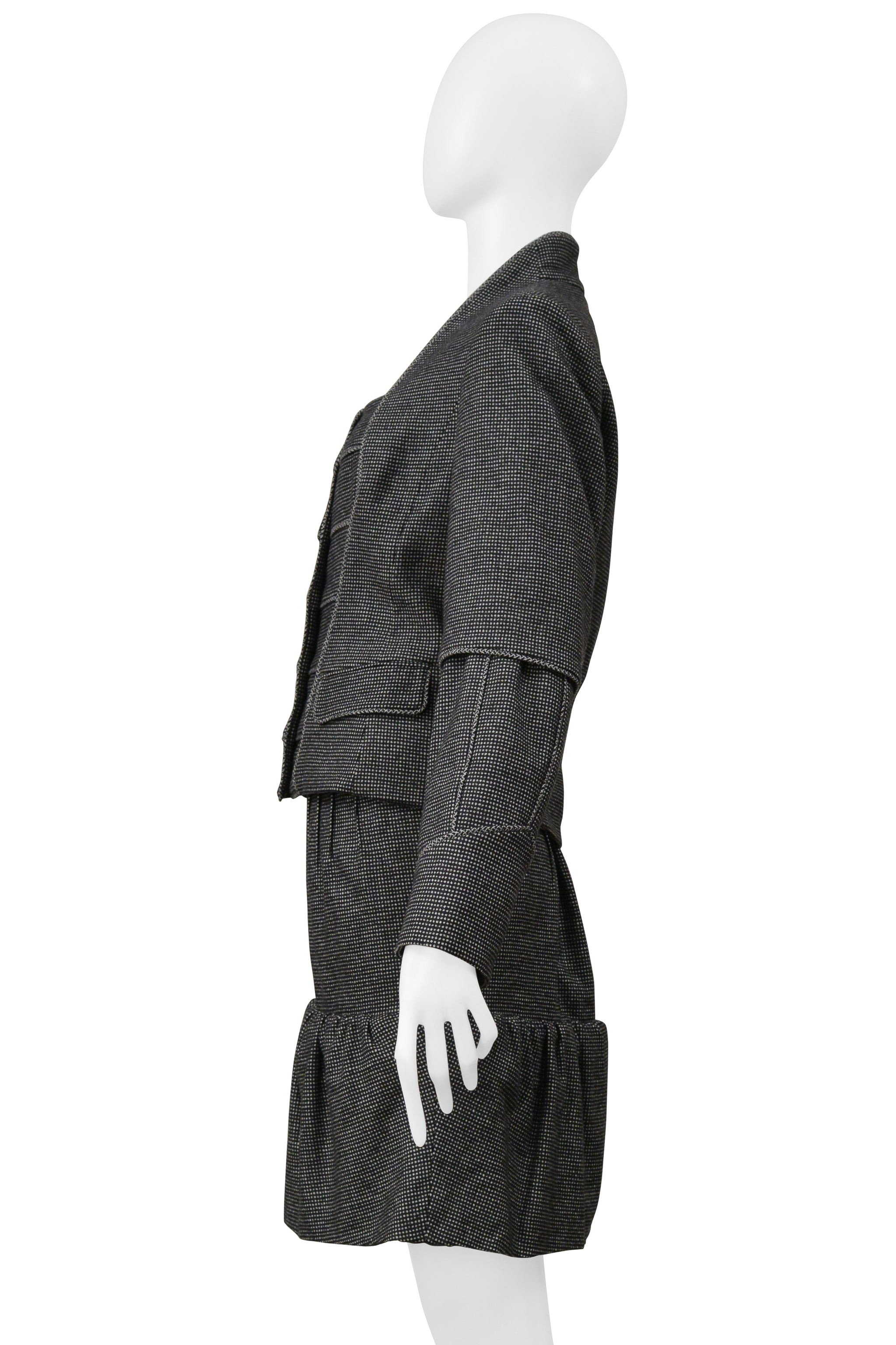 YVES SAINT LAURENT GRAY MINI CHECKERED PRINT JACKET AND SKIRT SUIT ENSEMBLE