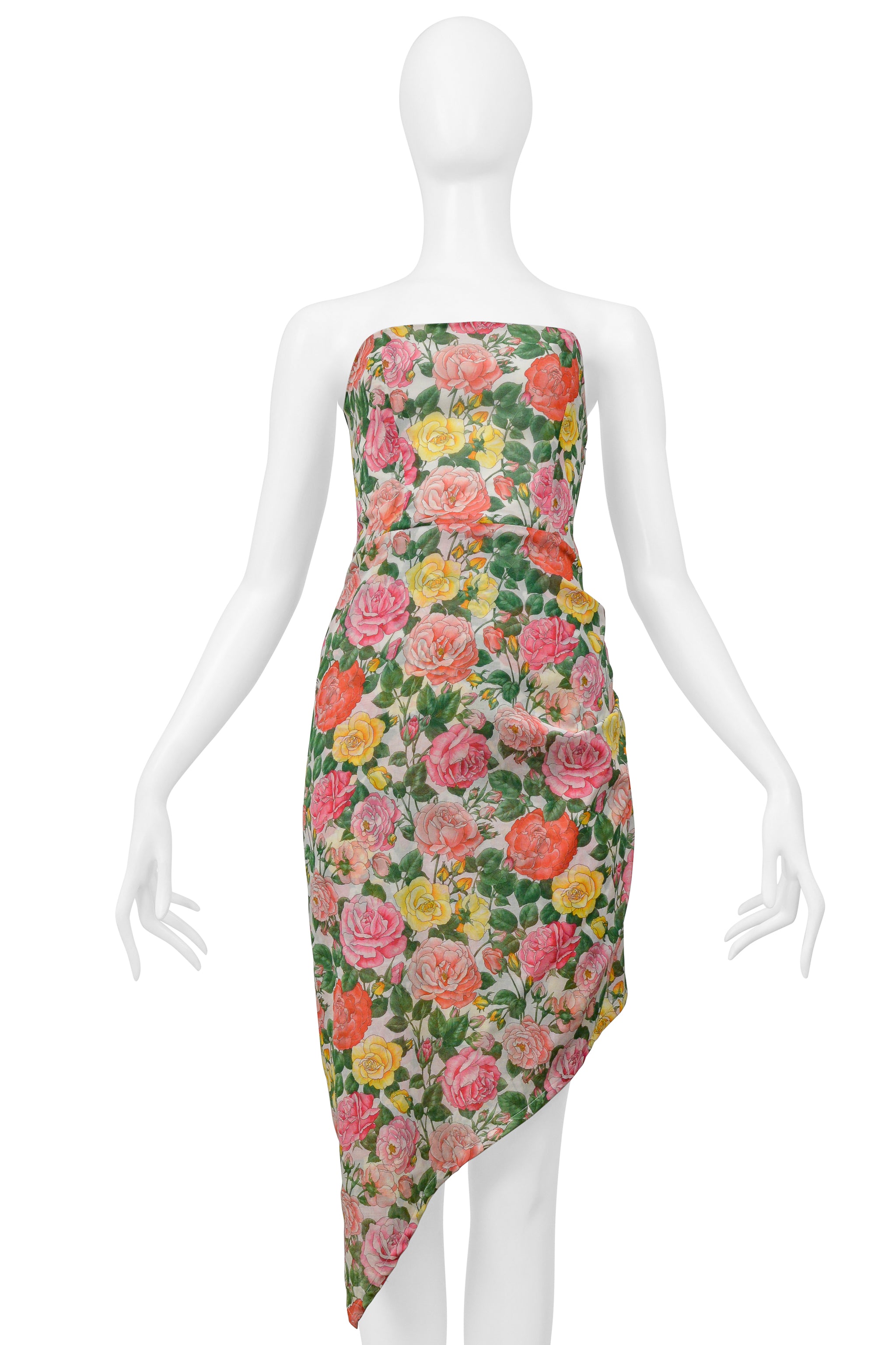 YVES SAINT LAURENT STRAPLESS FLORAL COTTON DRESS WITH ASYMMETRICAL HEMLINE