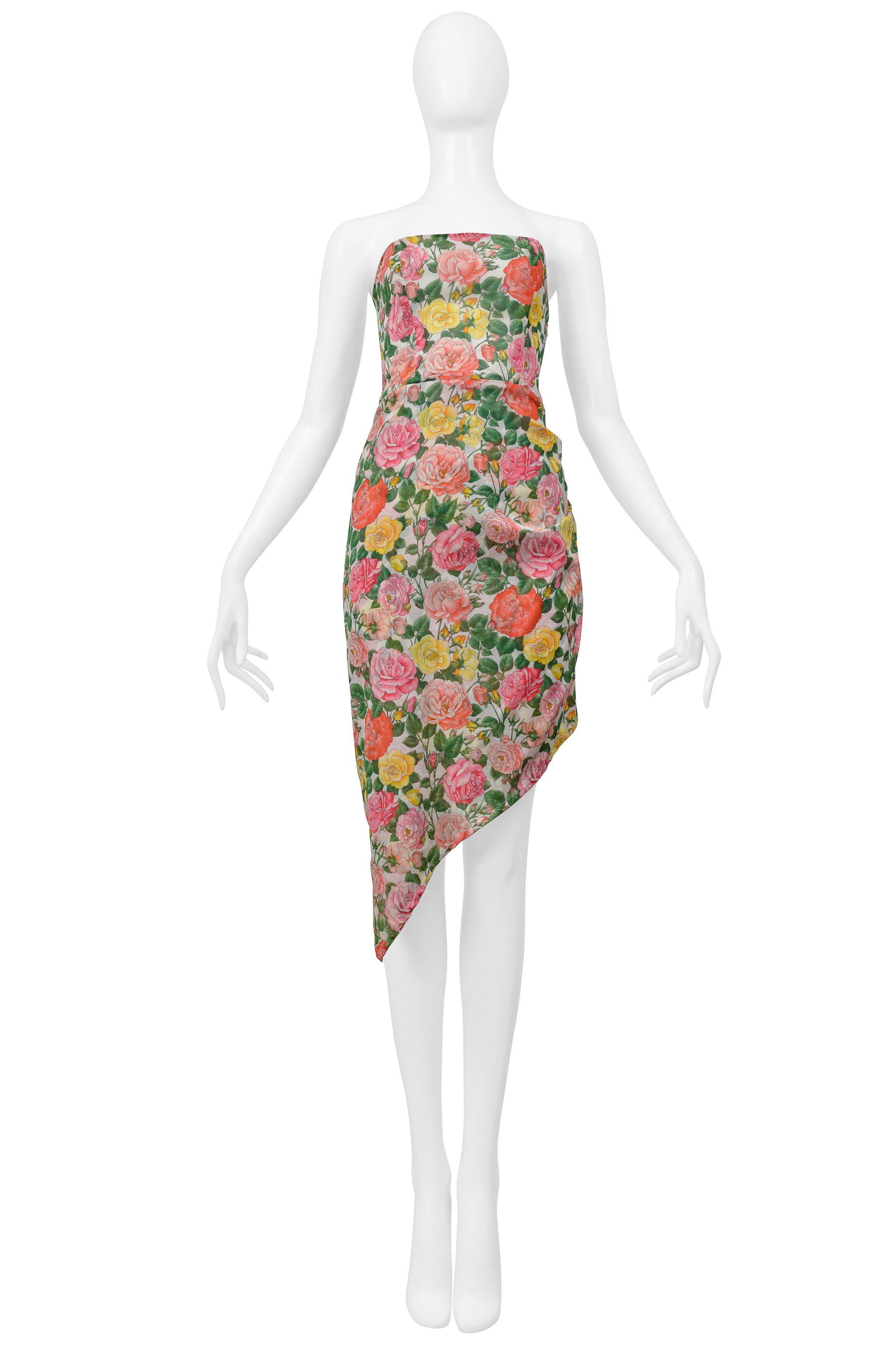 YVES SAINT LAURENT STRAPLESS FLORAL COTTON DRESS WITH ASYMMETRICAL HEMLINE