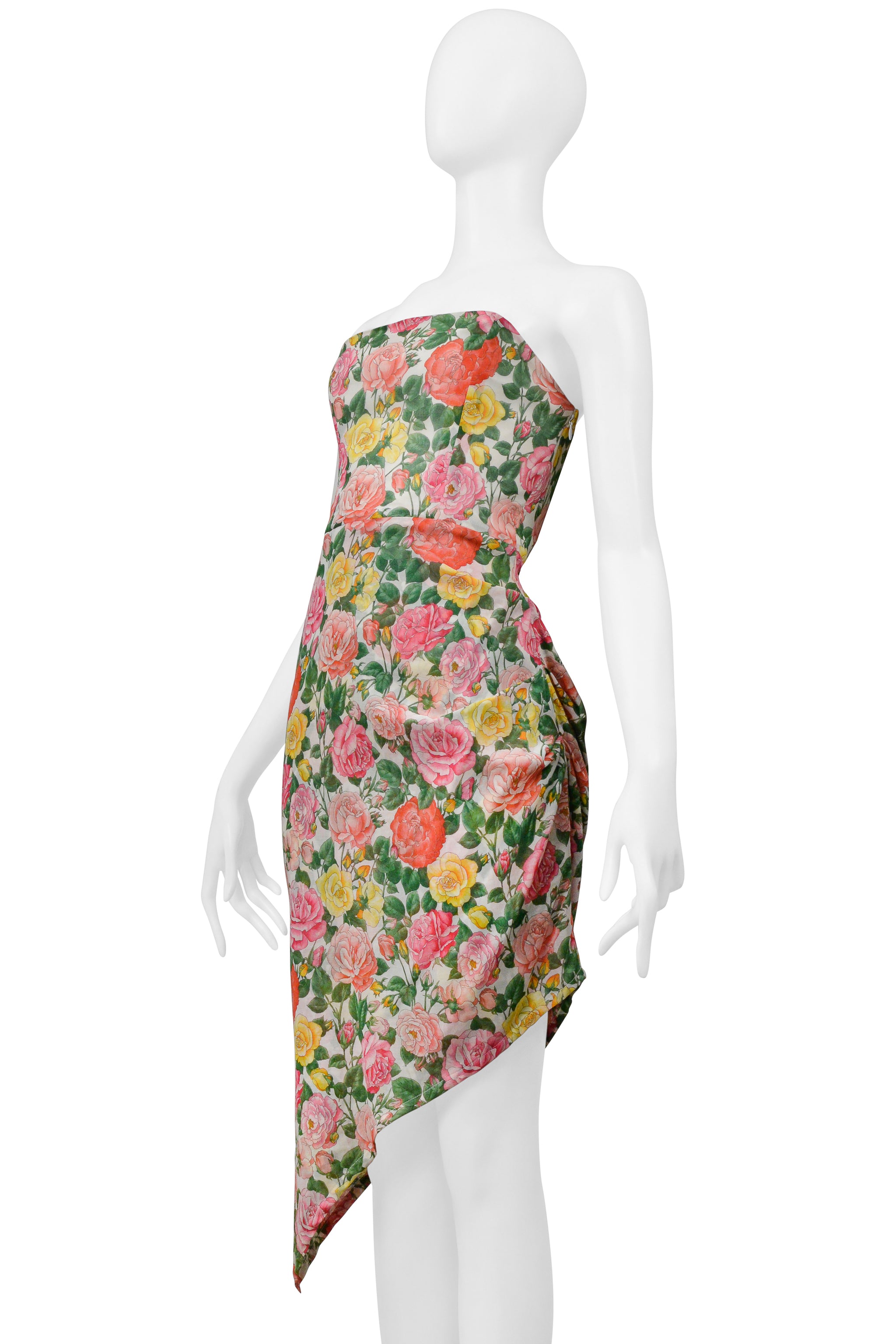 YVES SAINT LAURENT STRAPLESS FLORAL COTTON DRESS WITH ASYMMETRICAL HEMLINE