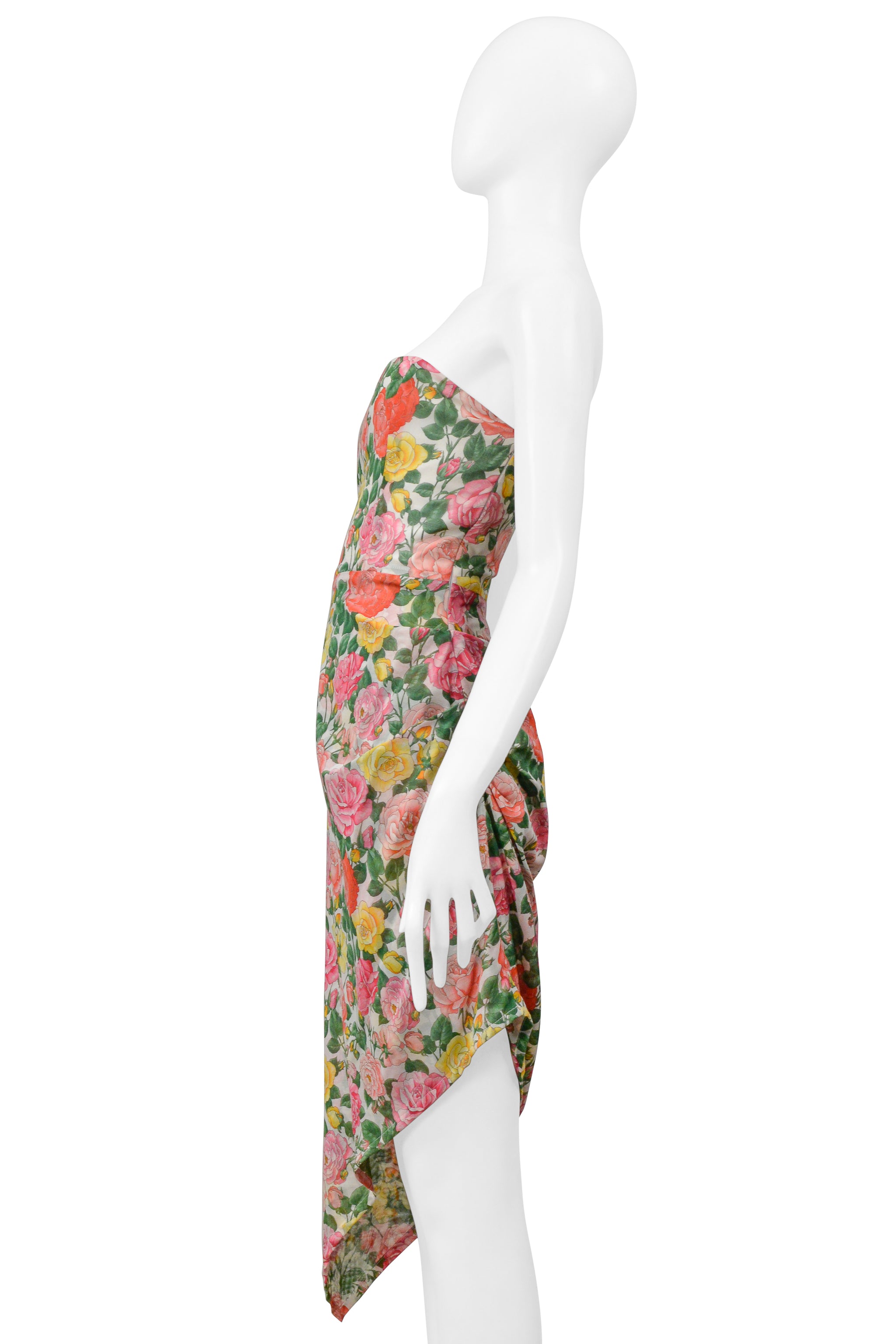 YVES SAINT LAURENT STRAPLESS FLORAL COTTON DRESS WITH ASYMMETRICAL HEMLINE